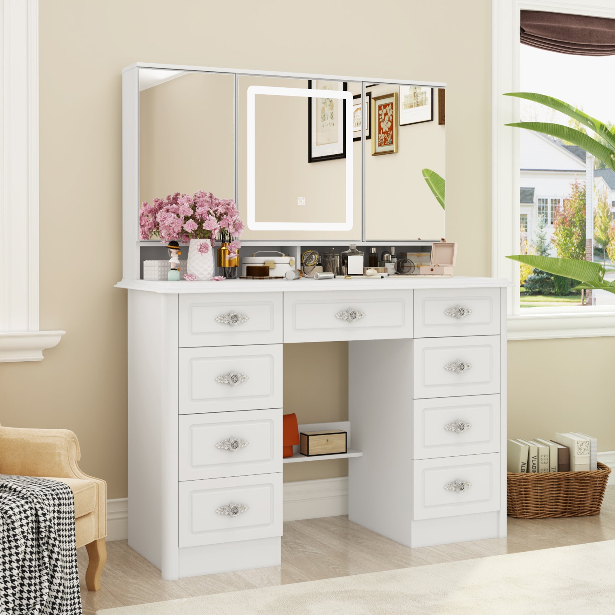 Coiffeuse moderne et minimaliste blanche de 110 cm avec tiroirs et lampe