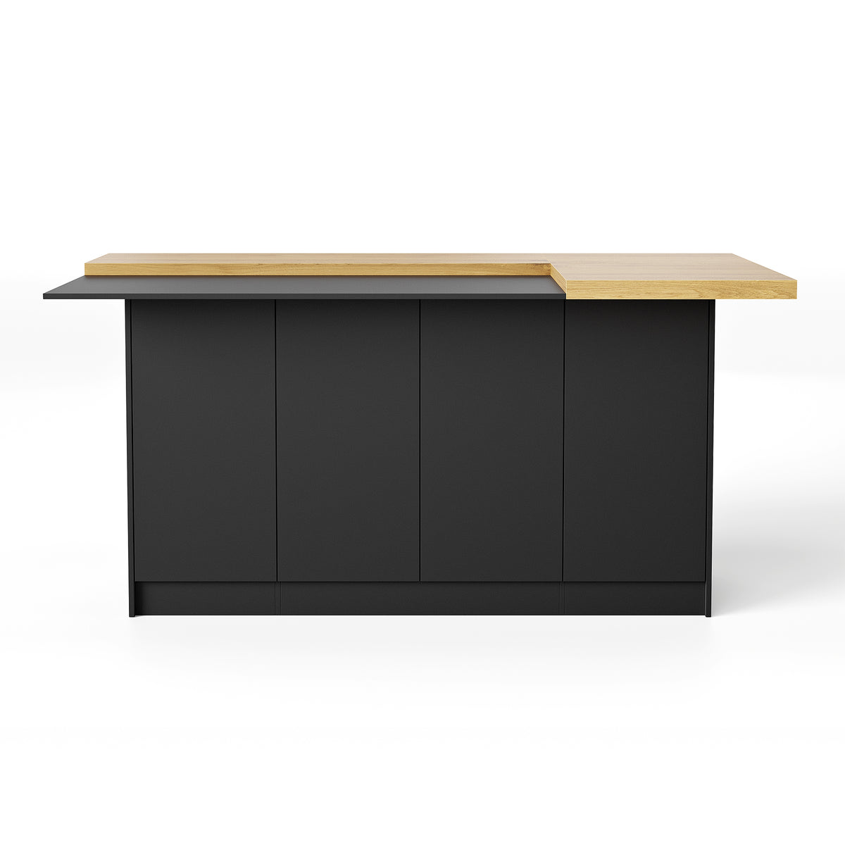 Îlot de cuisine moderne noir de 196 cm avec étagères réglables et plan de travail en bloc de boucher