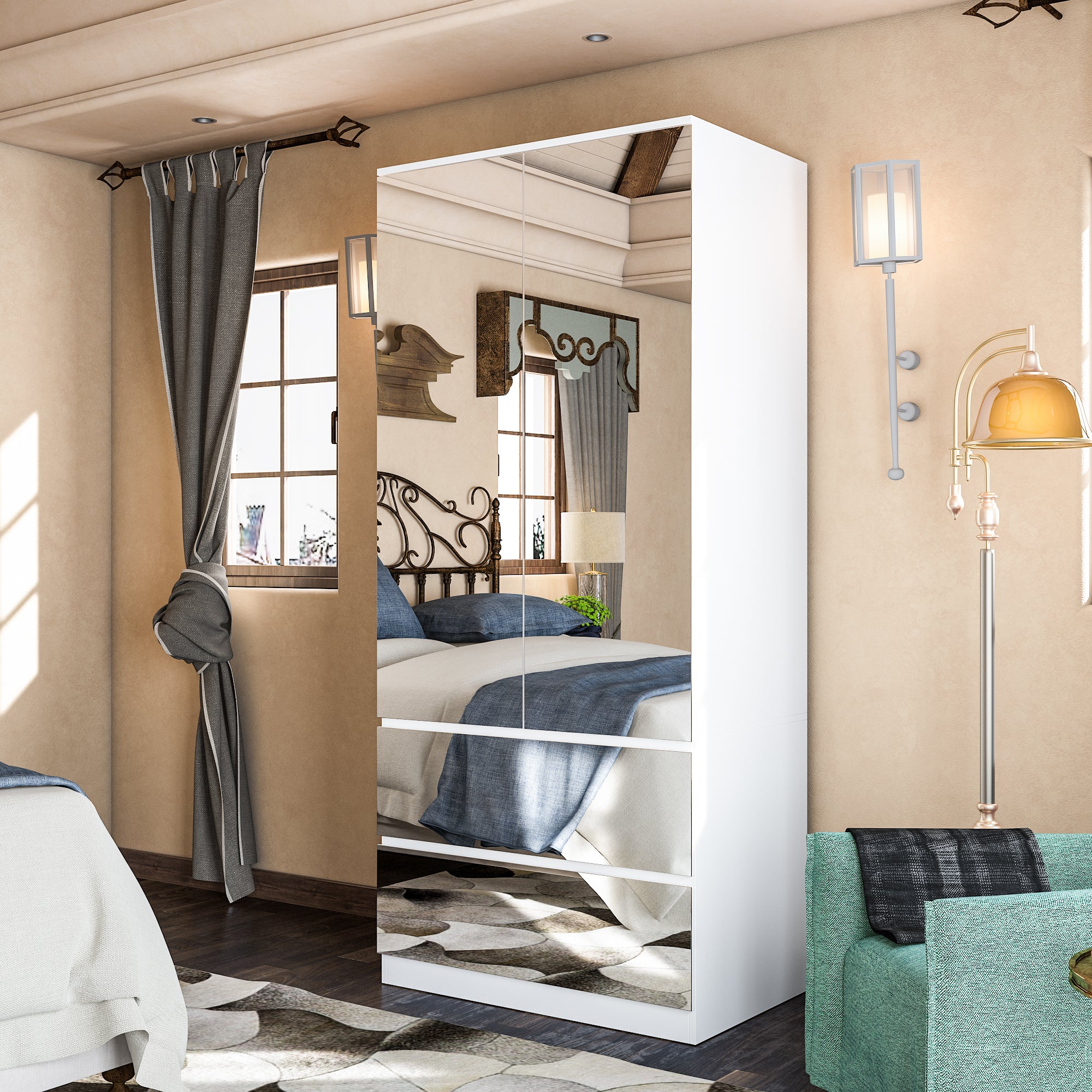 Armoire miroir pleine longueur moderne blanche de 80 cm avec plusieurs tiroirs et étagères réglables
