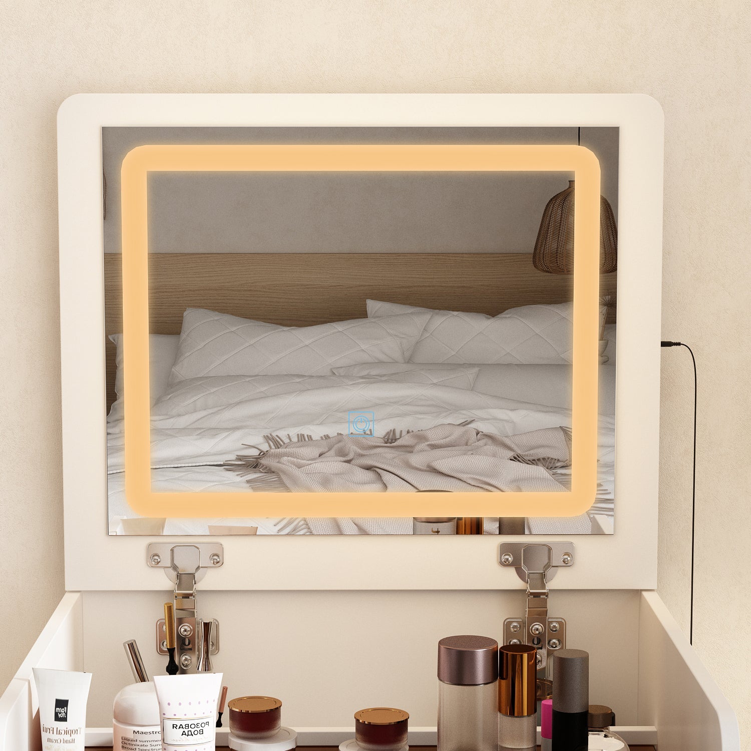 Coiffeuse moderne blanche de 47,5 cm avec lumières et miroir rabattable