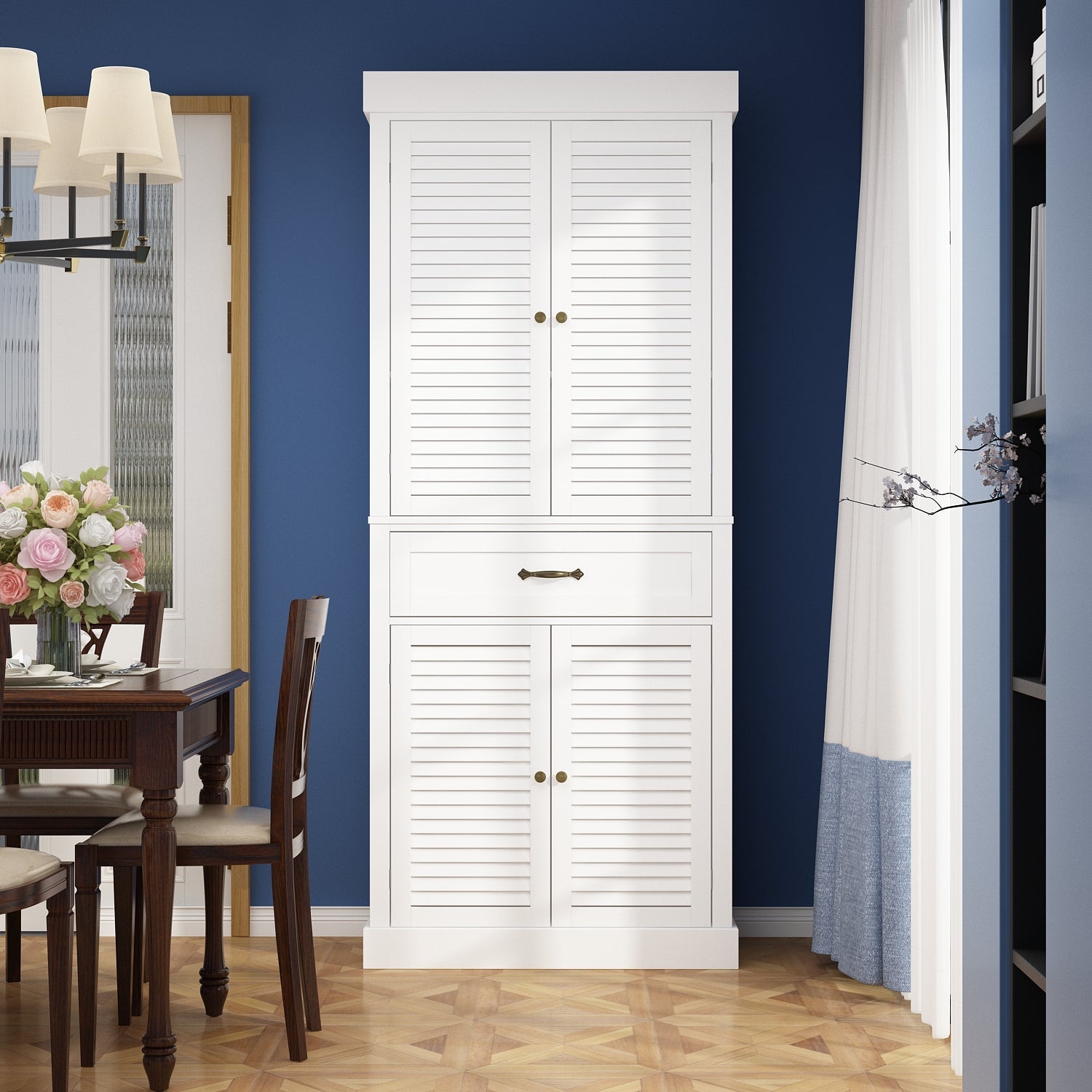 Meuble de rangement haut moderne et minimaliste blanc de 30 pouces avec 6 étagères réglables, tiroirs et porte persienne