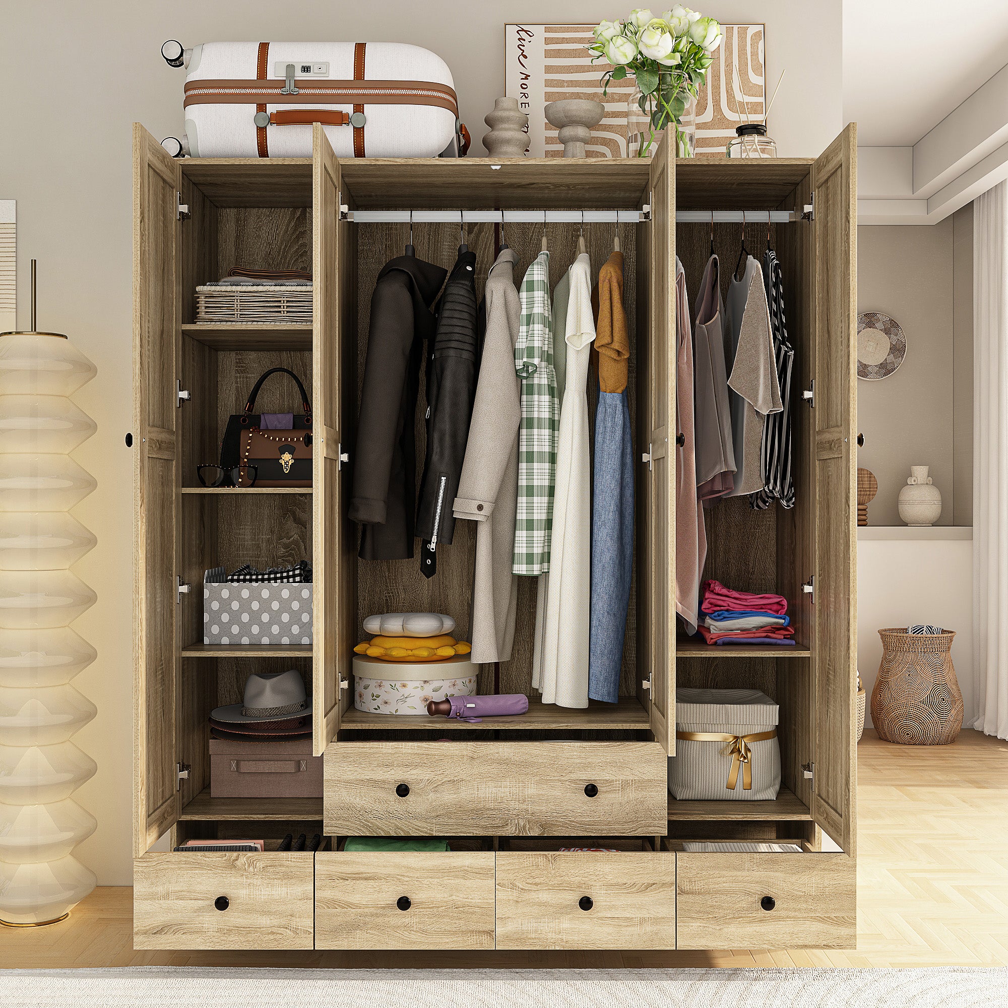 160 cm Rustic 4-Door Wardrobe Armoire with Rattan Paneling, 6 Drawers & 2 Hanging Rods