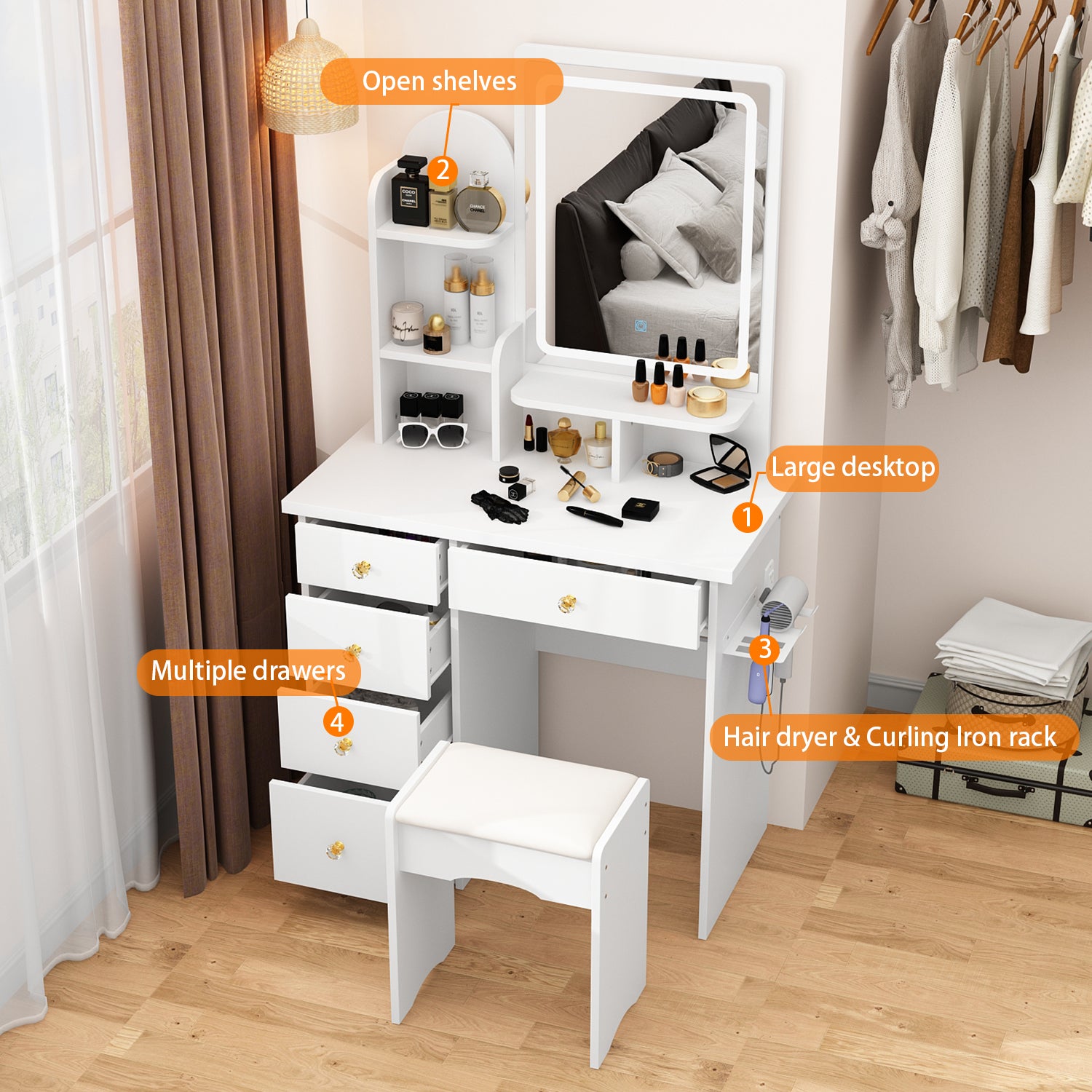 80 cm Modern White Glam Makeup Vanity Set with Socket, LED Light and Stool