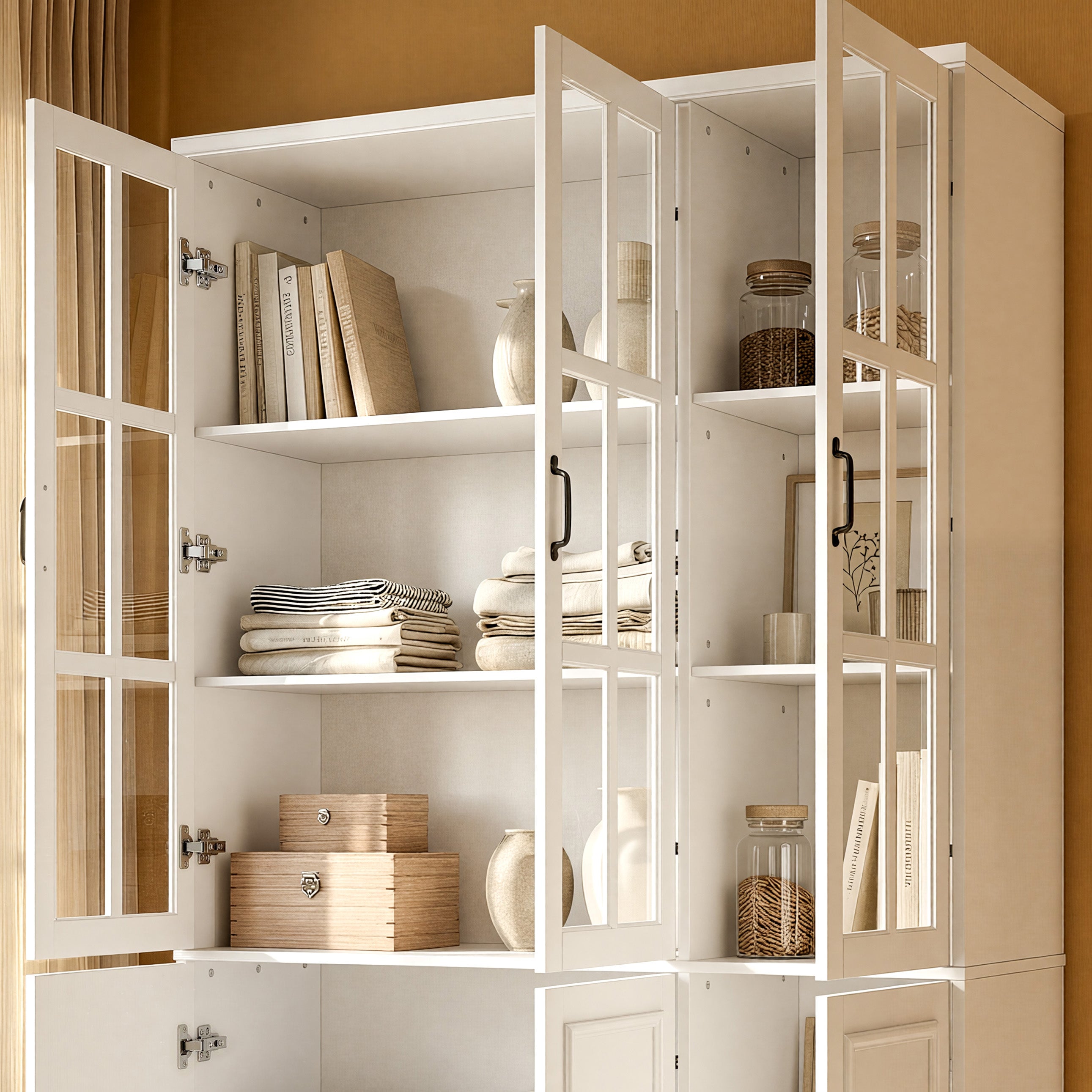 Bibliothèque autoportante moderne en bois blanc de 120 cm avec 3 portes vitrées