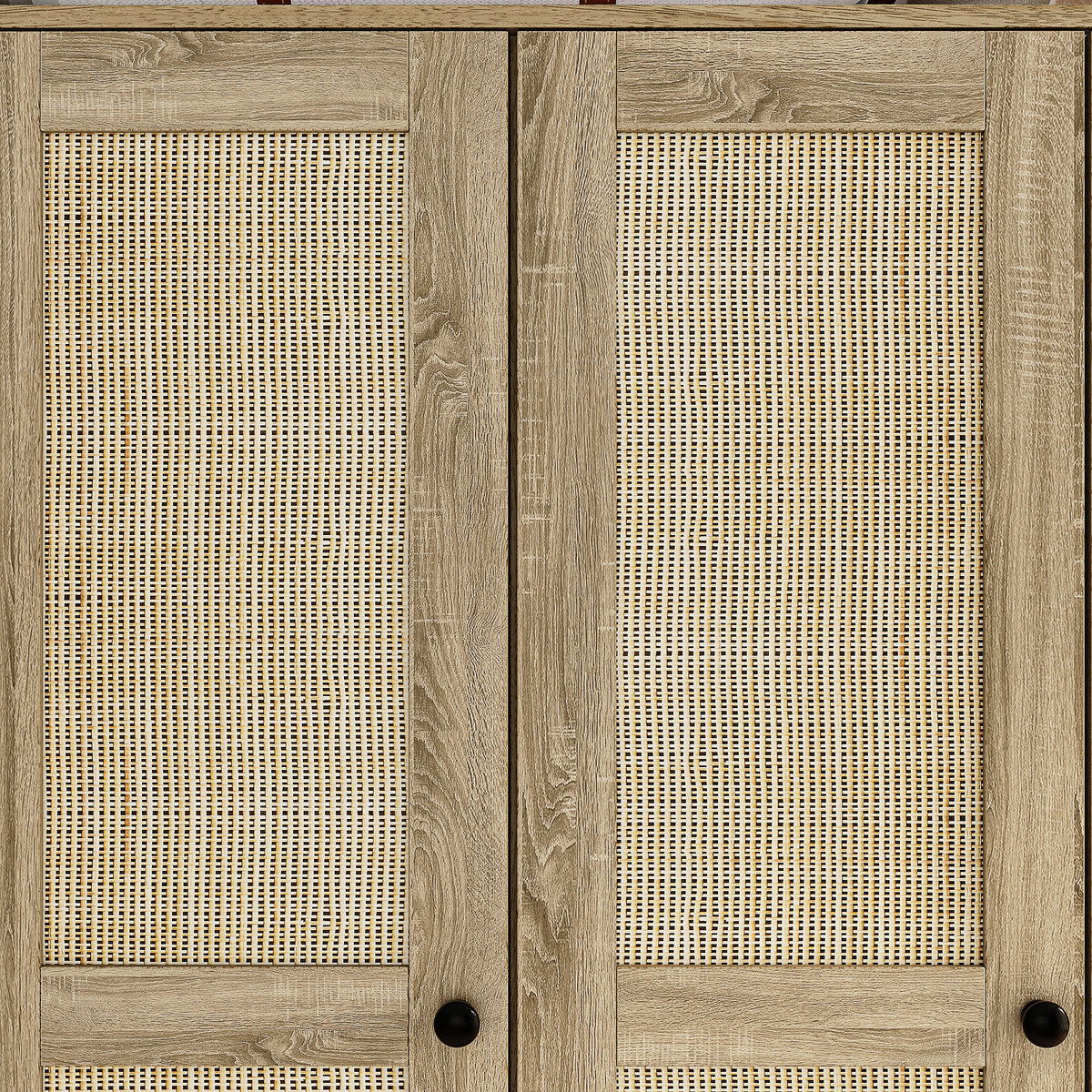 160 cm Rustic 4-Door Wardrobe Armoire with Rattan Paneling, 6 Drawers & 2 Hanging Rods