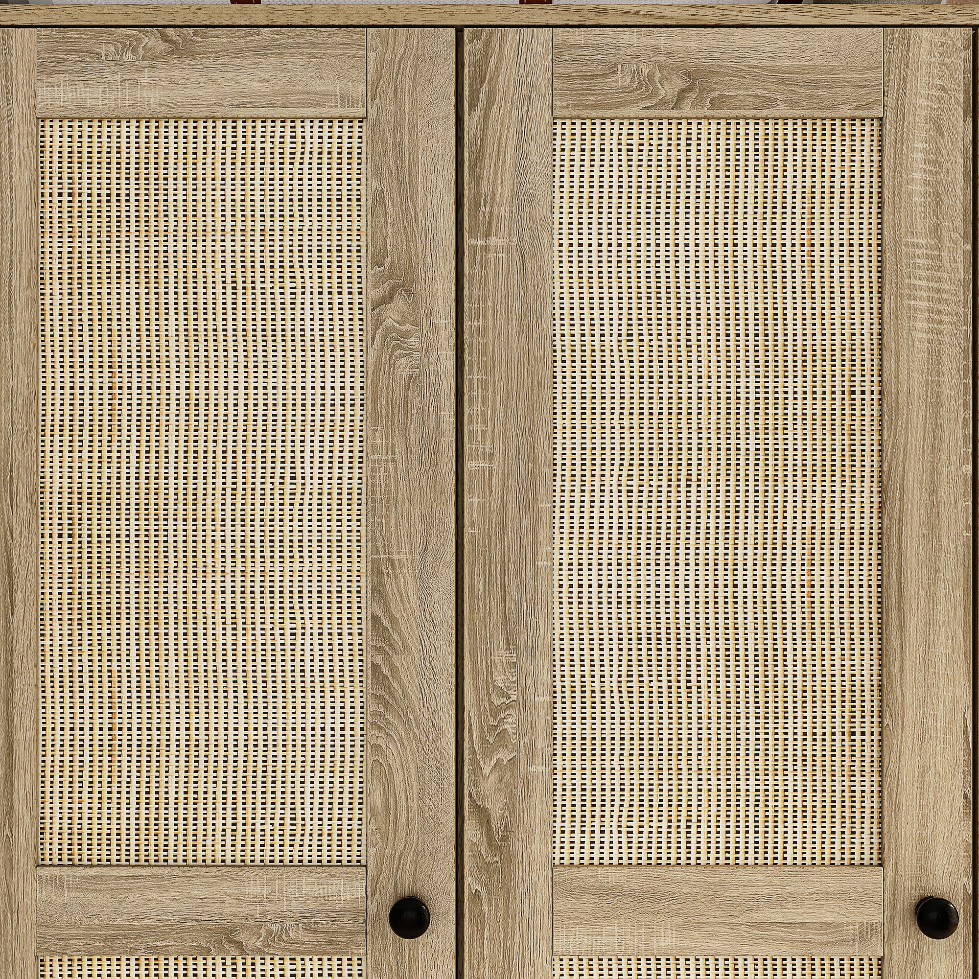 160 cm Rustic 4-Door Wardrobe Armoire with Rattan Paneling, 6 Drawers & 2 Hanging Rods
