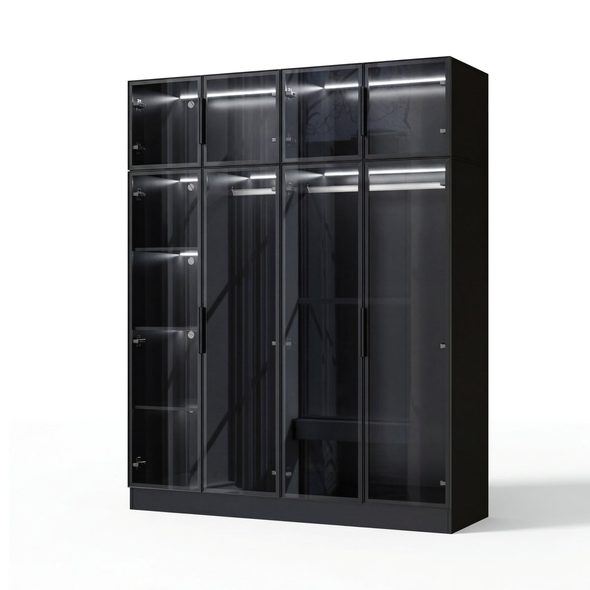 Modern wardrobe with clothes and shelves in a well-lit room