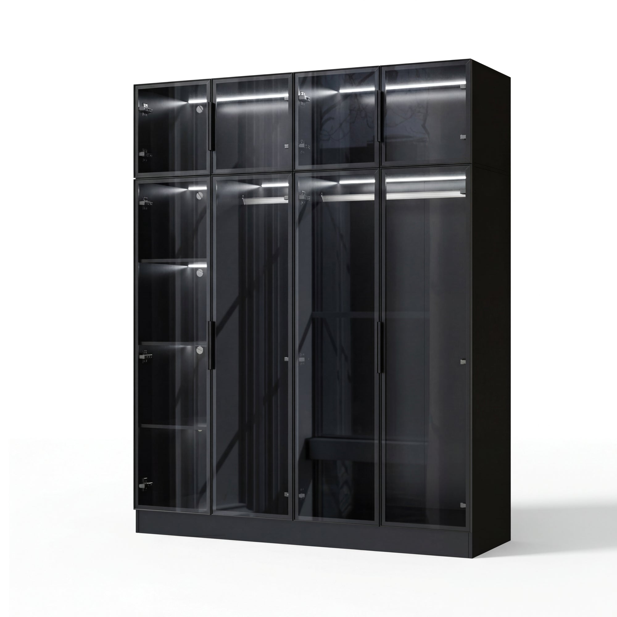 Modern wardrobe with clothes and shelves in a well-lit room