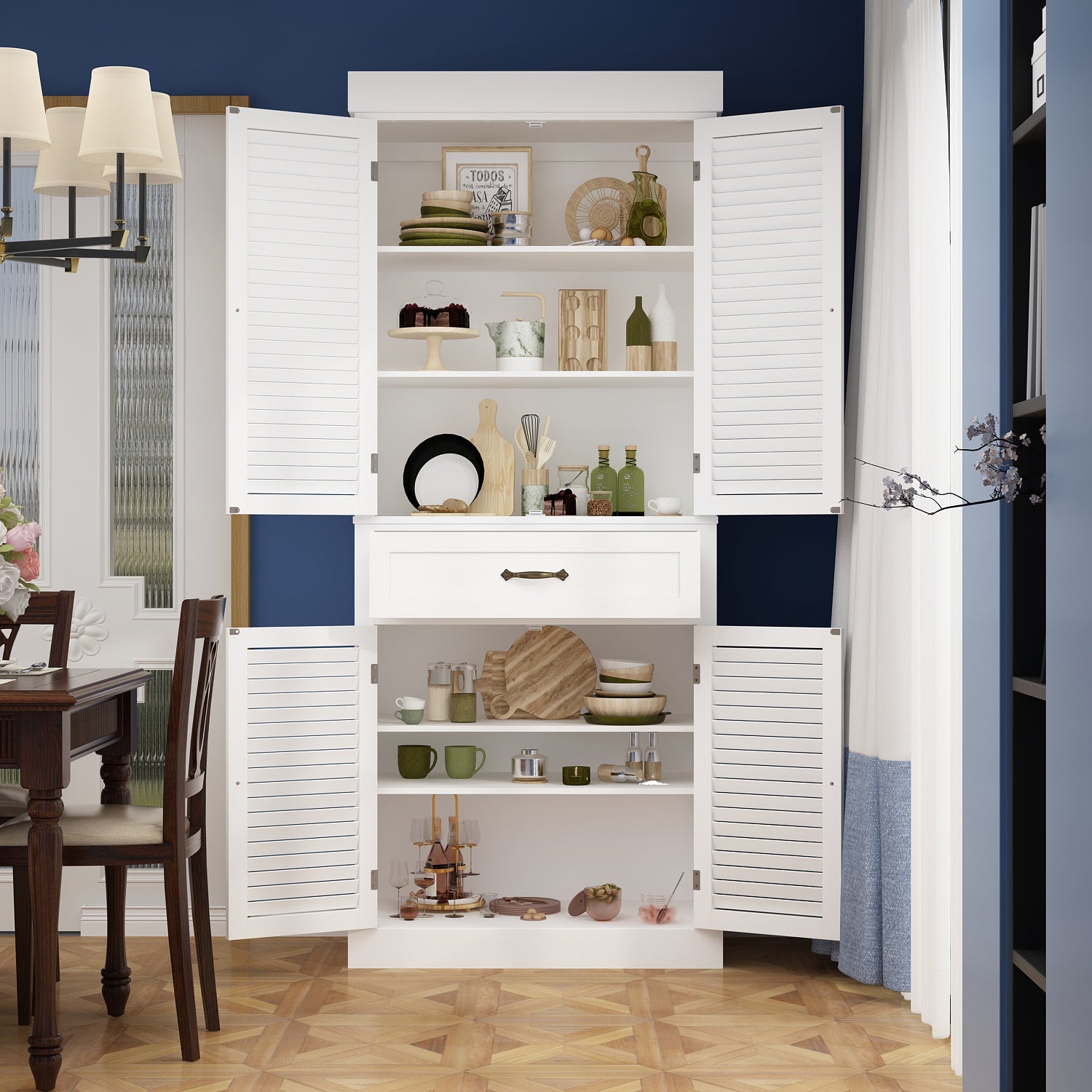 76.2 cm Modern Minimalist White Tall Storage Cabinet with 6-Tier Adjustable Shelves, Drawers and Shutter Door