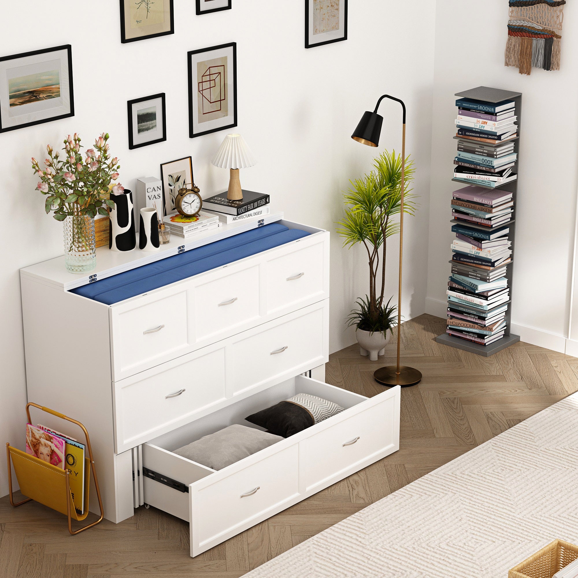 Lit pliant moderne et minimaliste blanc de 140 cm avec prises électriques