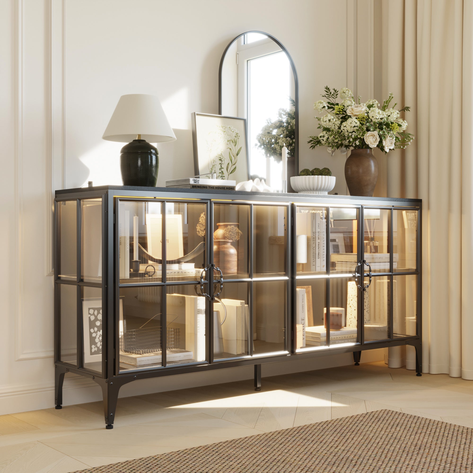 Bahut-buffet moderne marron de 160 cm avec 4 portes et accents dorés