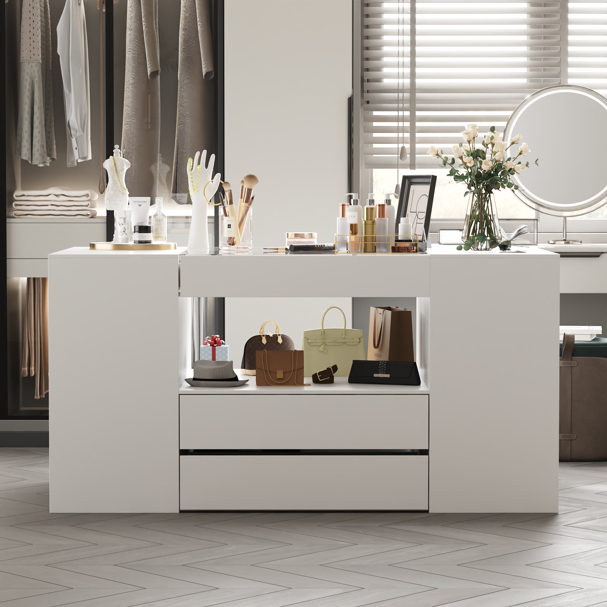 Commode moderne blanche de 157 cm à 14 tiroirs avec plateau en verre trempé