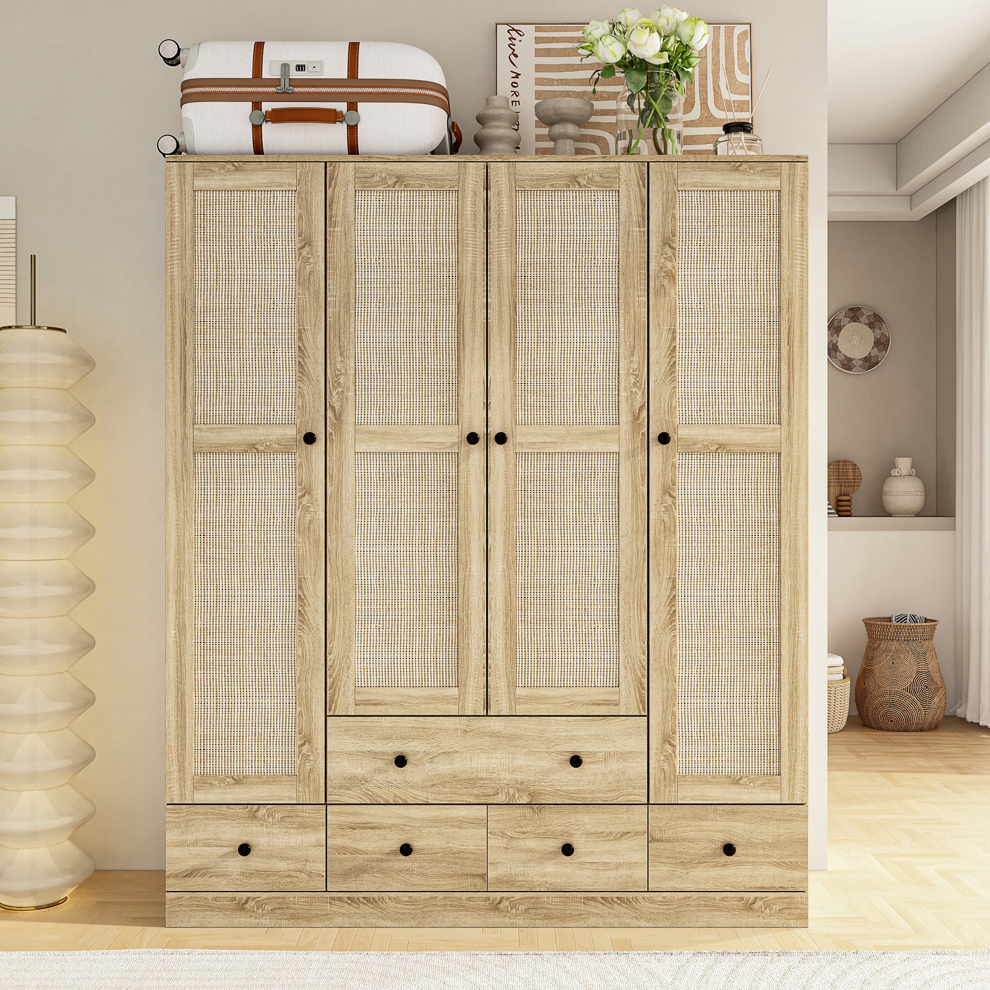 160 cm Rustic 4-Door Wardrobe Armoire with Rattan Paneling, 6 Drawers & 2 Hanging Rods