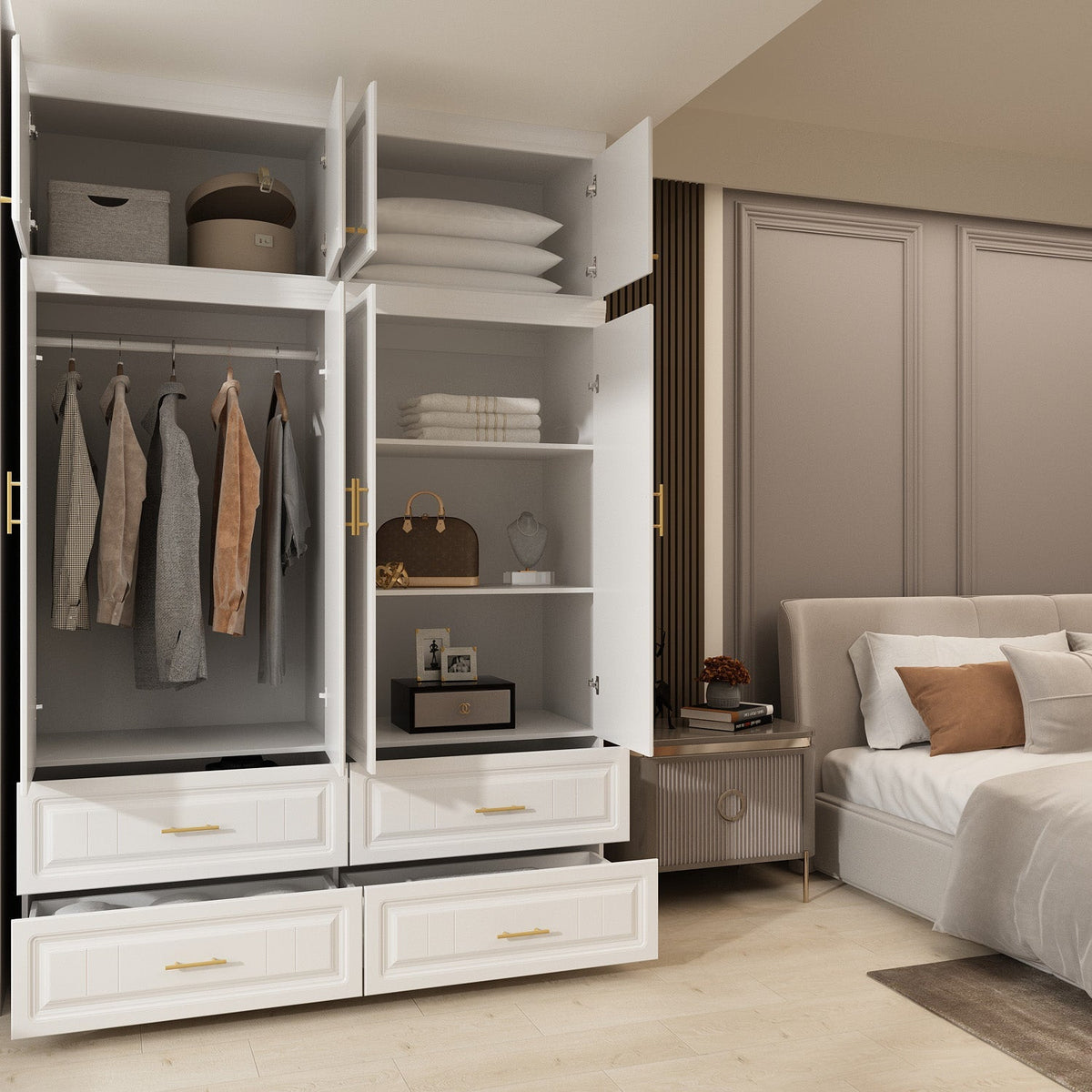 Family Cabinet Wardrobe Bedroom Armoire Home Closet 4 Doors and Drawers