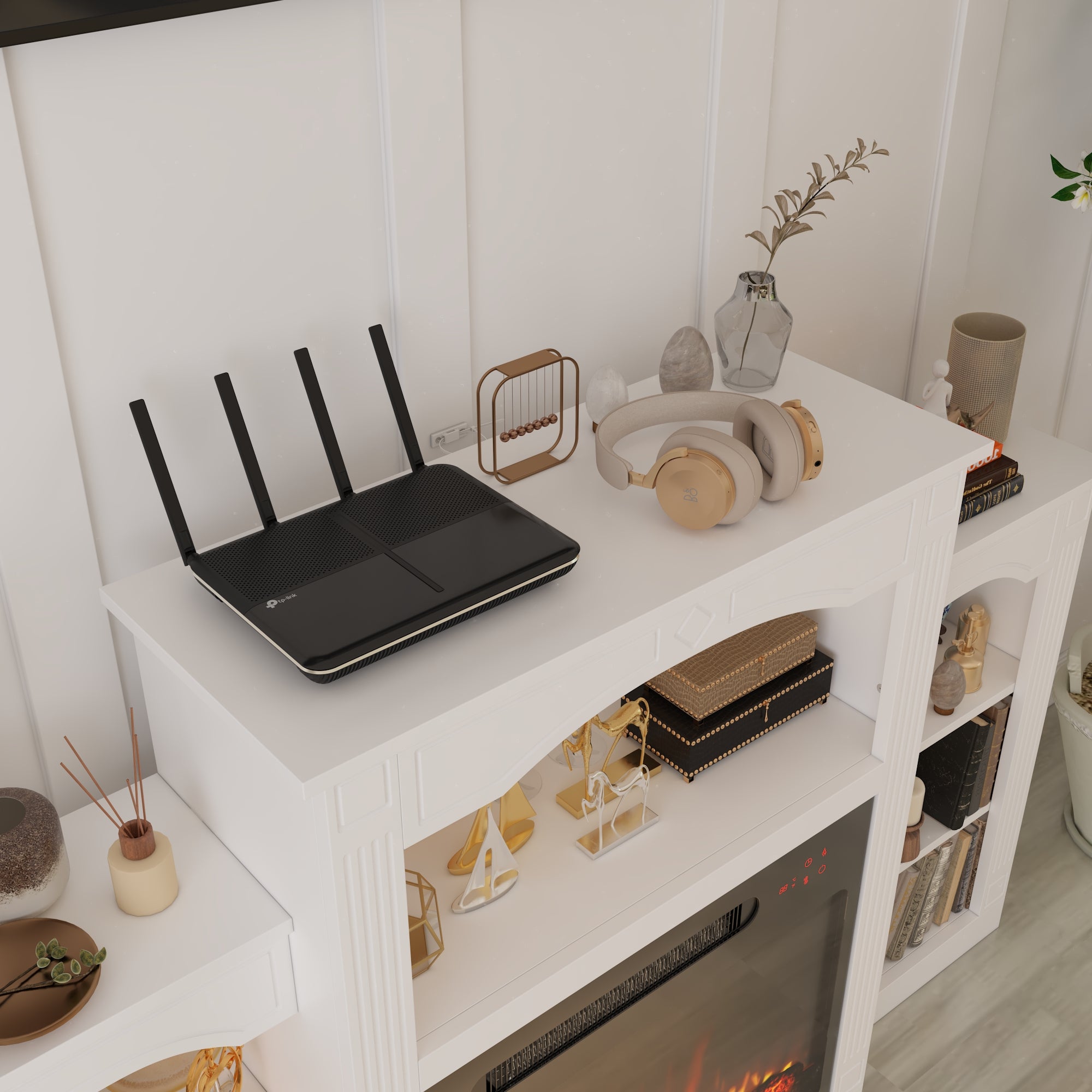 150 cm Modern Classic White TV Stand With Light Electronic Fireplace Open Shelves