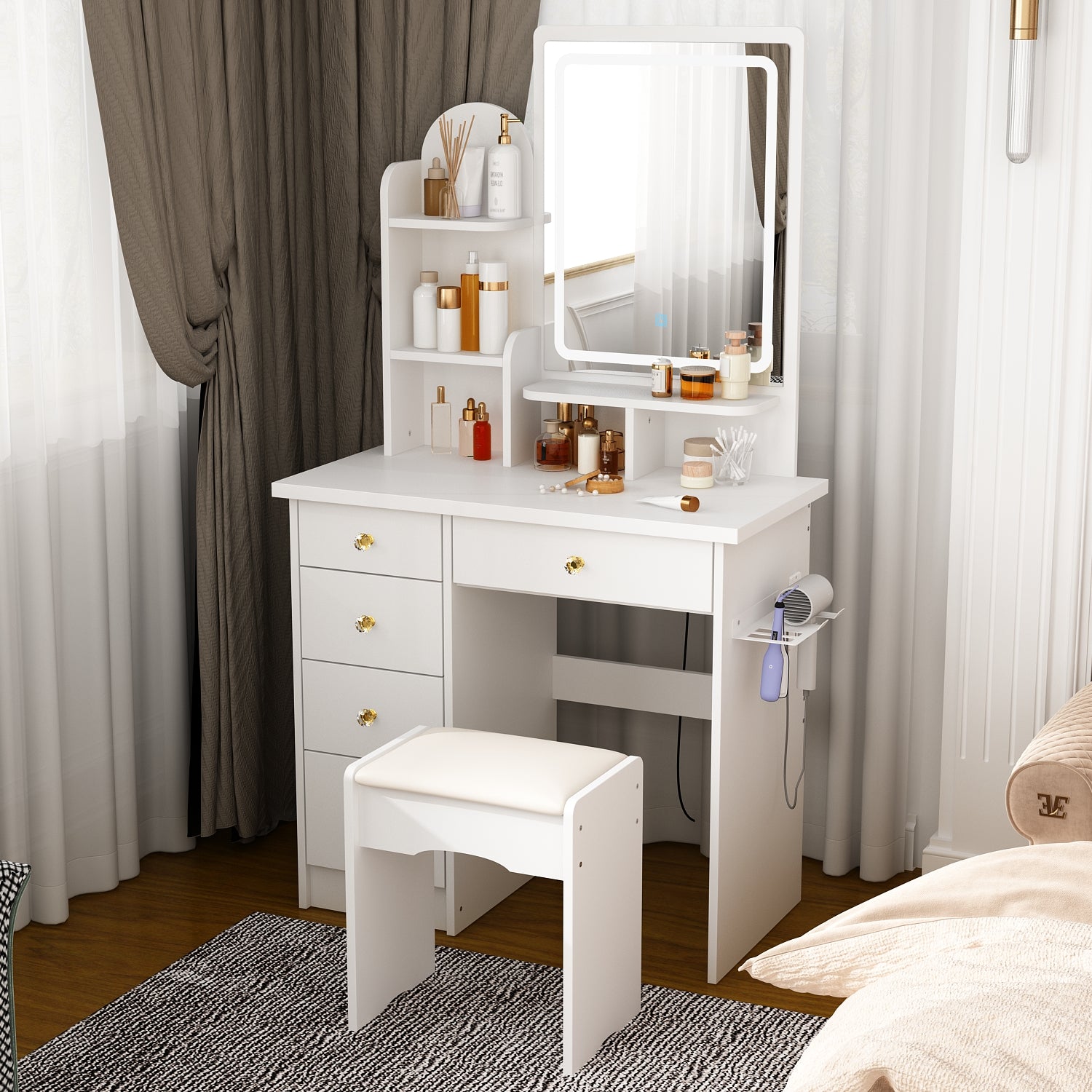 80 cm Modern White Glam Makeup Vanity Set with Socket, LED Light and Stool