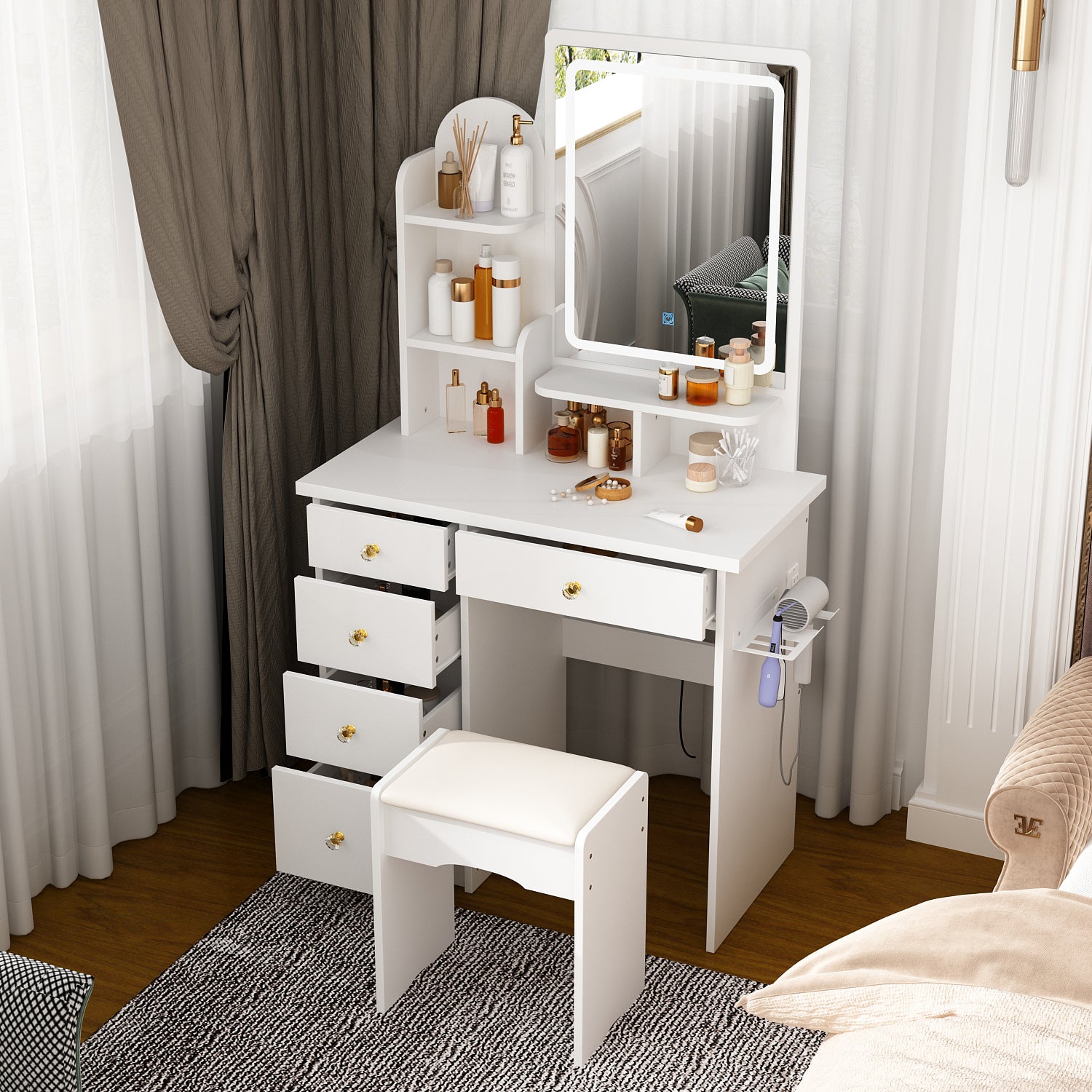 80 cm Modern White Glam Makeup Vanity Set with Socket, LED Light and Stool