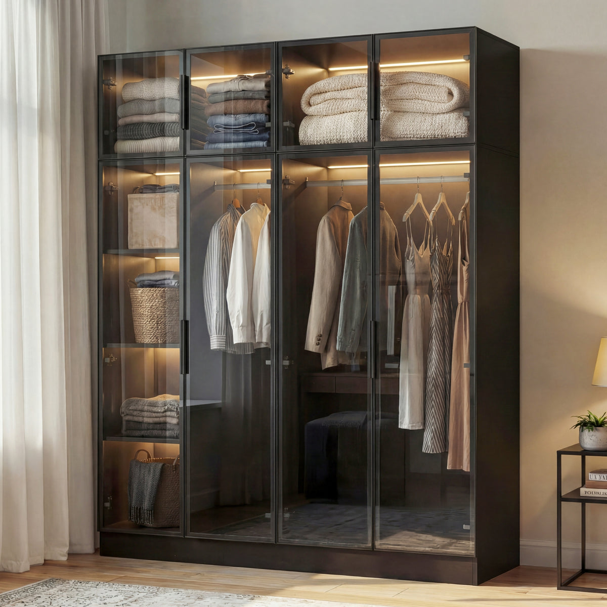 Modern wardrobe with clothes and shelves in a well-lit room