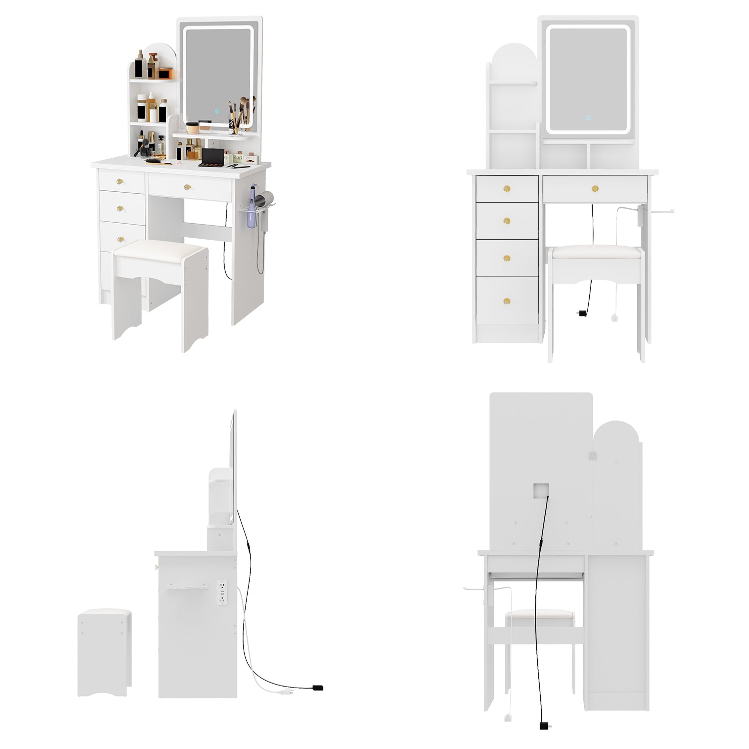 80 cm Modern White Glam Makeup Vanity Set with Socket, LED Light and Stool