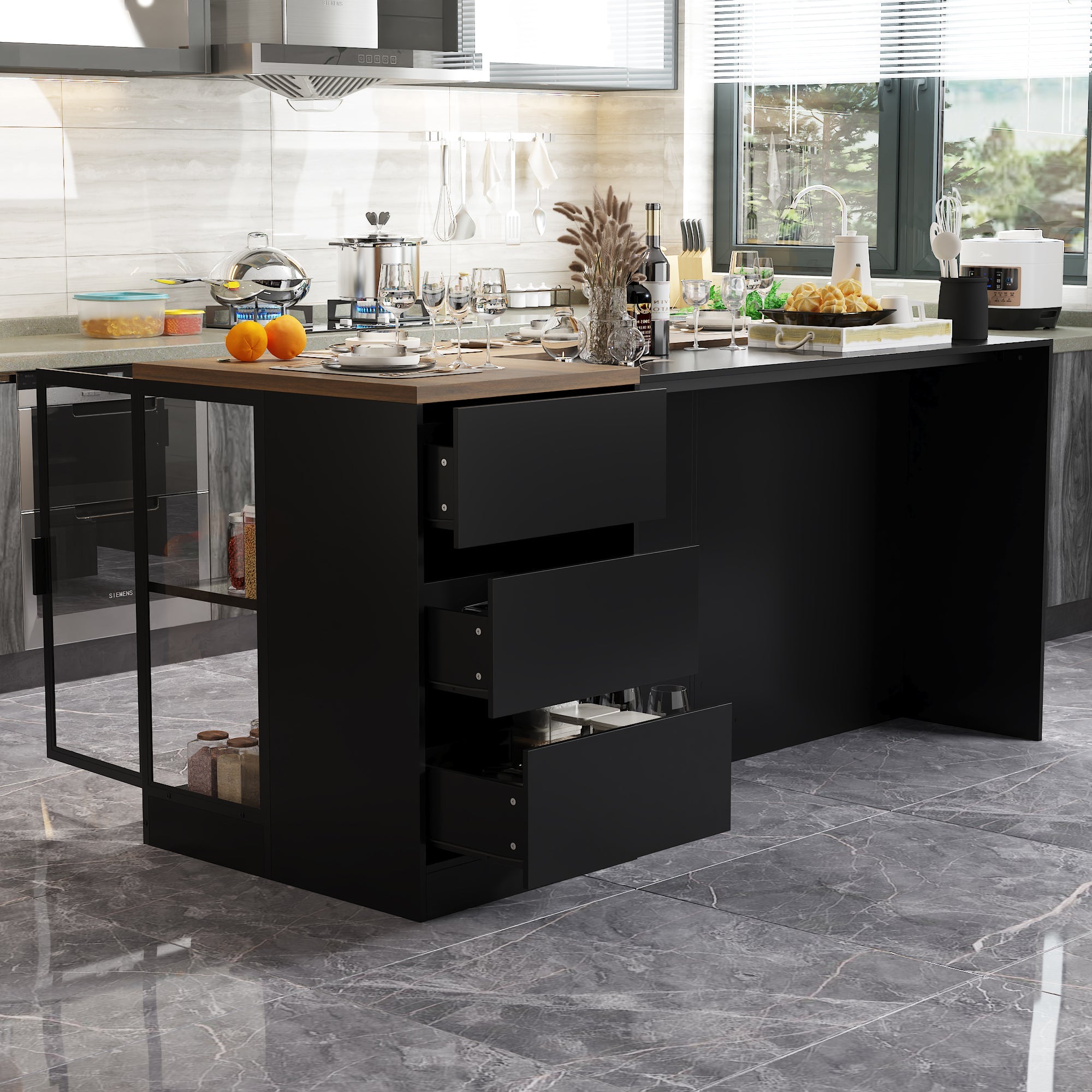 197 cm Modern Elegant Black Kitchen Island With Glass Door 3 Drawer Light Double Side