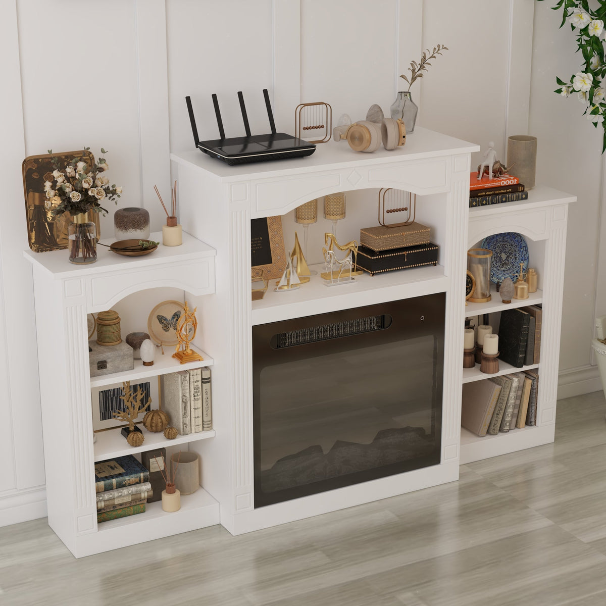 150 cm Modern Classic White TV Stand With Light Electronic Fireplace Open Shelves