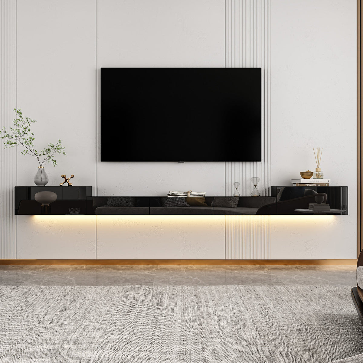 280 cm Modern Minimalist Black TV Stand Floating High Gloss TV Stand With LED Light