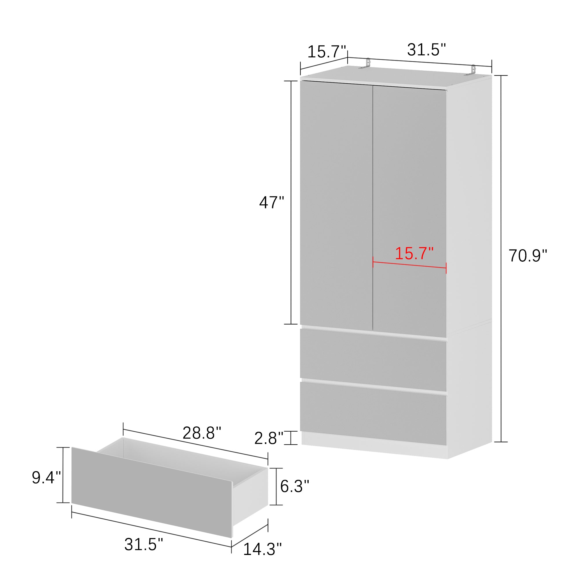 Armoire miroir pleine longueur moderne blanche de 80 cm avec plusieurs tiroirs et étagères réglables