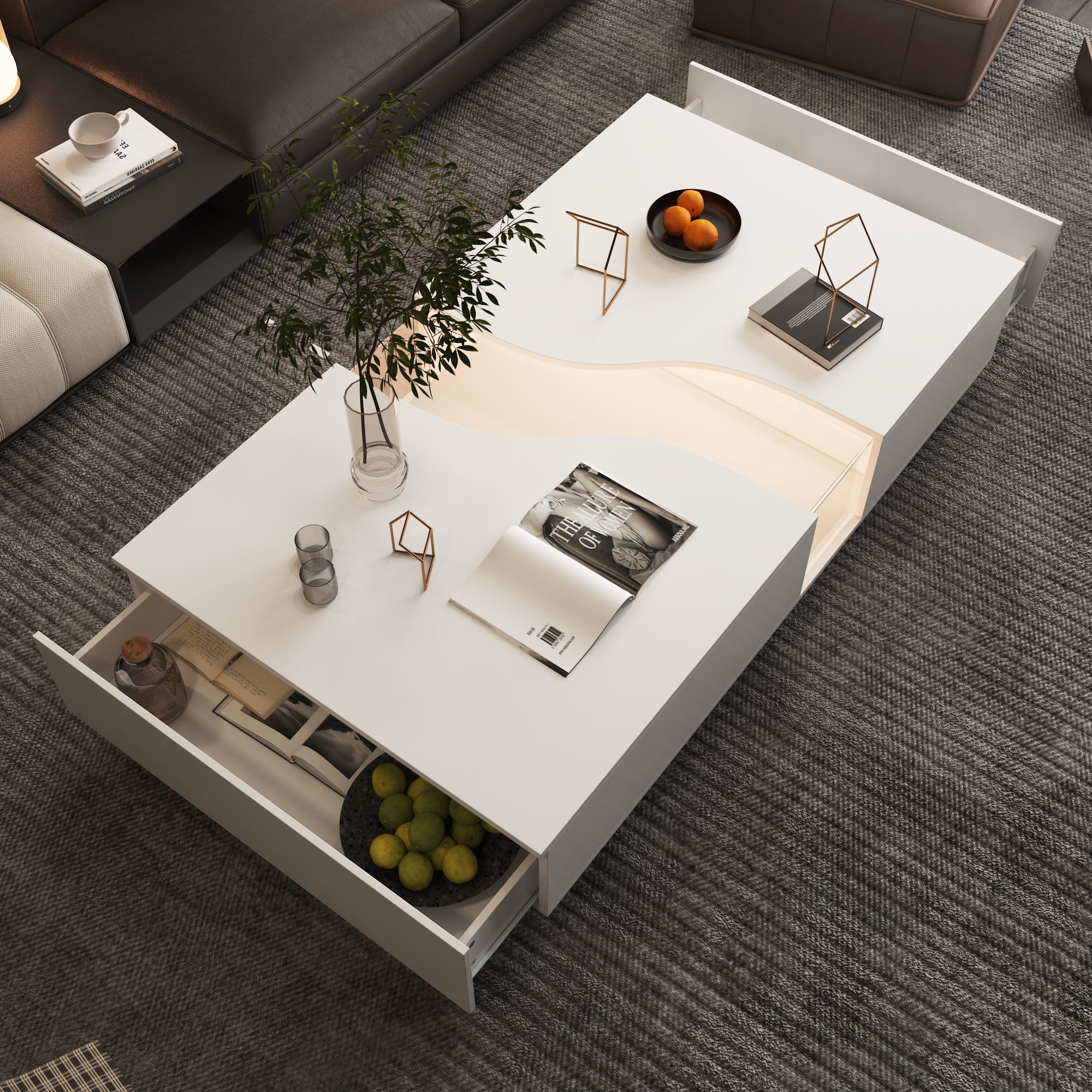 Table basse moderne minimaliste blanche de 140 cm avec éclairage et plateau en verre au centre
