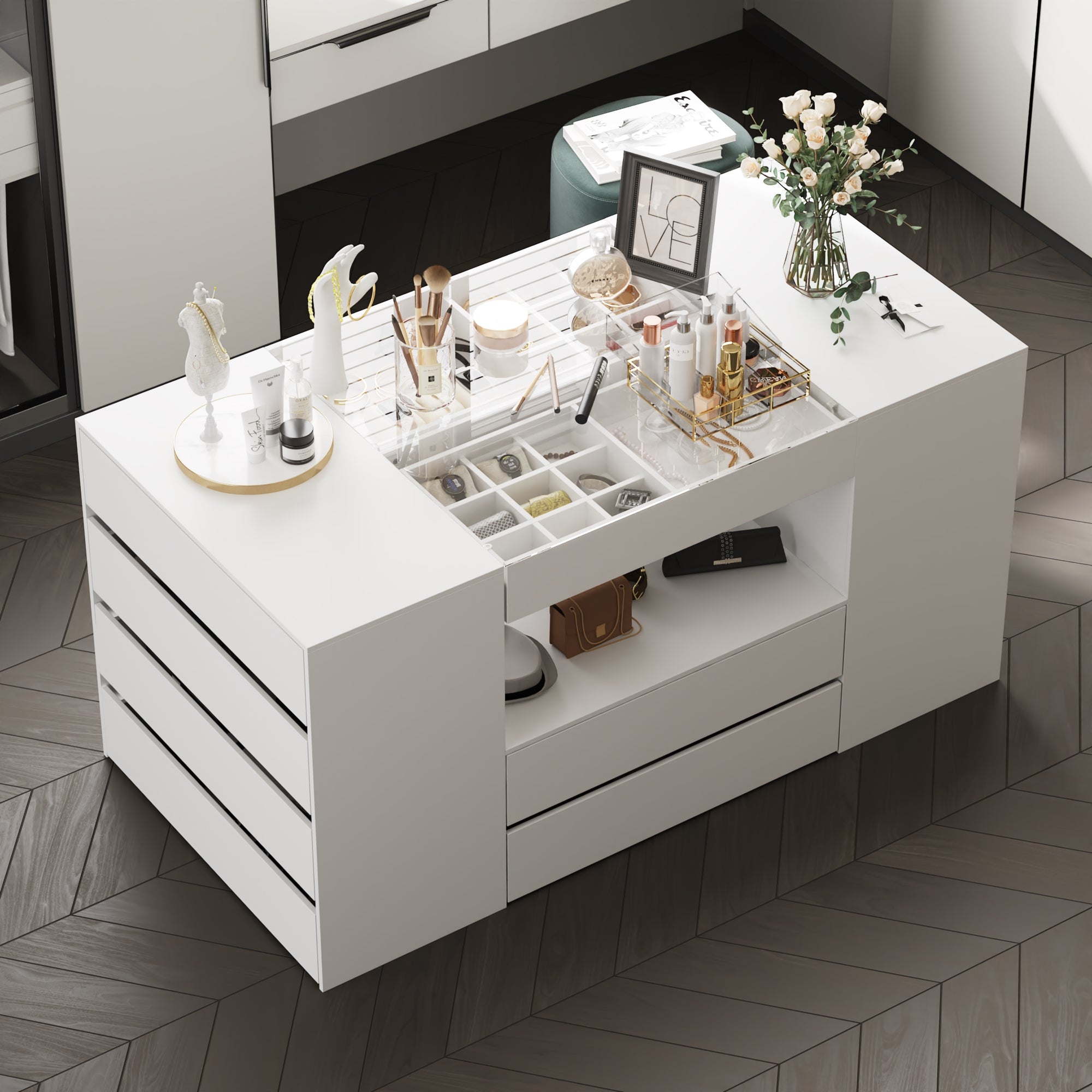 Commode moderne blanche de 157 cm à 14 tiroirs avec plateau en verre trempé