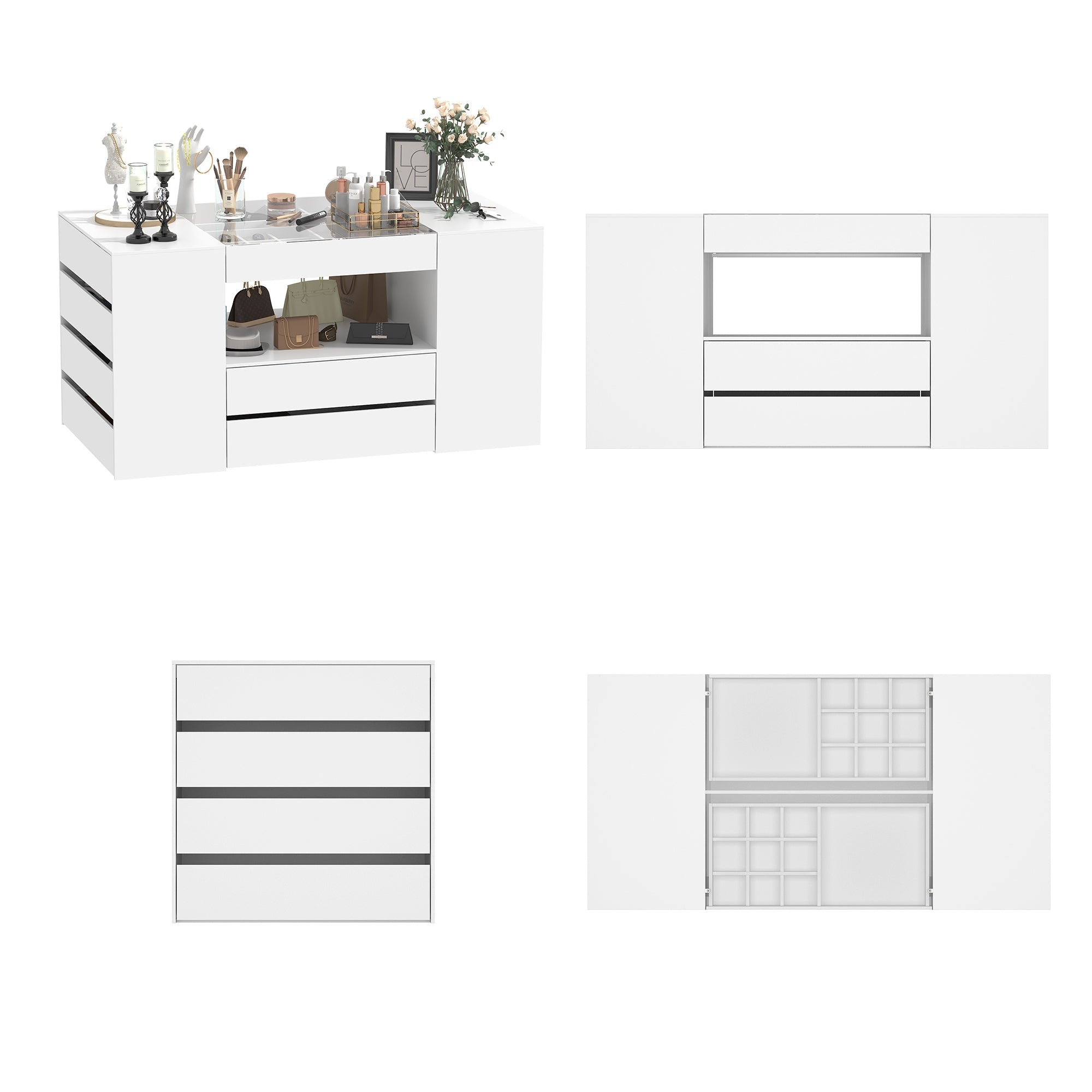 Commode moderne blanche de 157 cm à 14 tiroirs avec plateau en verre trempé