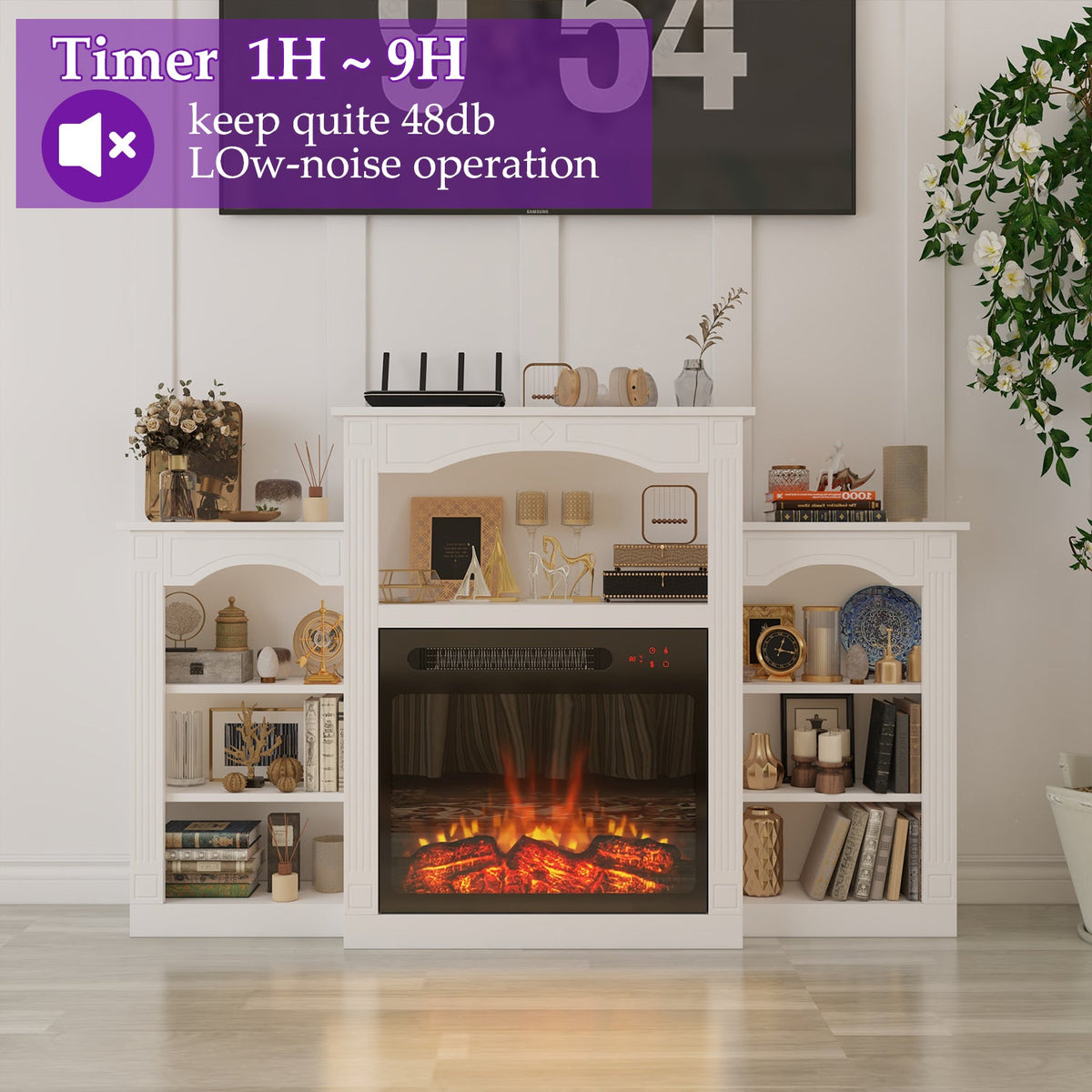 150 cm Modern Classic White TV Stand With Light Electronic Fireplace Open Shelves