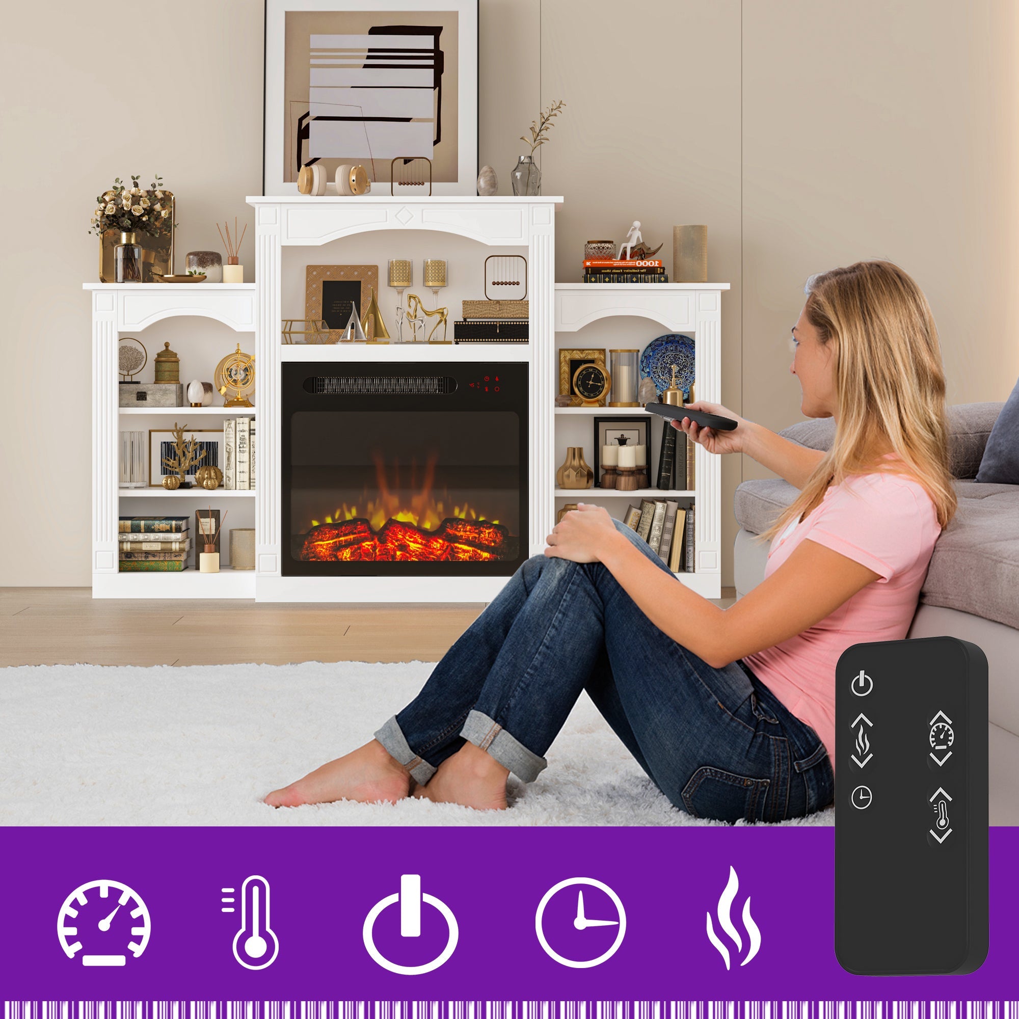 150 cm Modern Classic White TV Stand With Light Electronic Fireplace Open Shelves