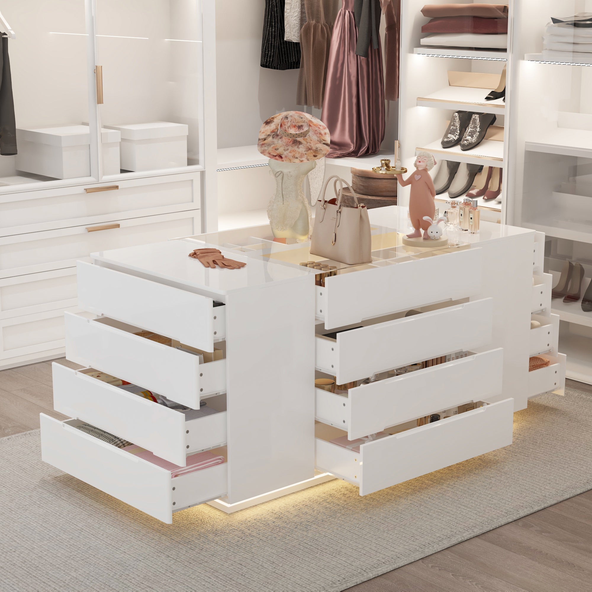 Commode rectangulaire moderne blanche 16 tiroirs, 160 cm