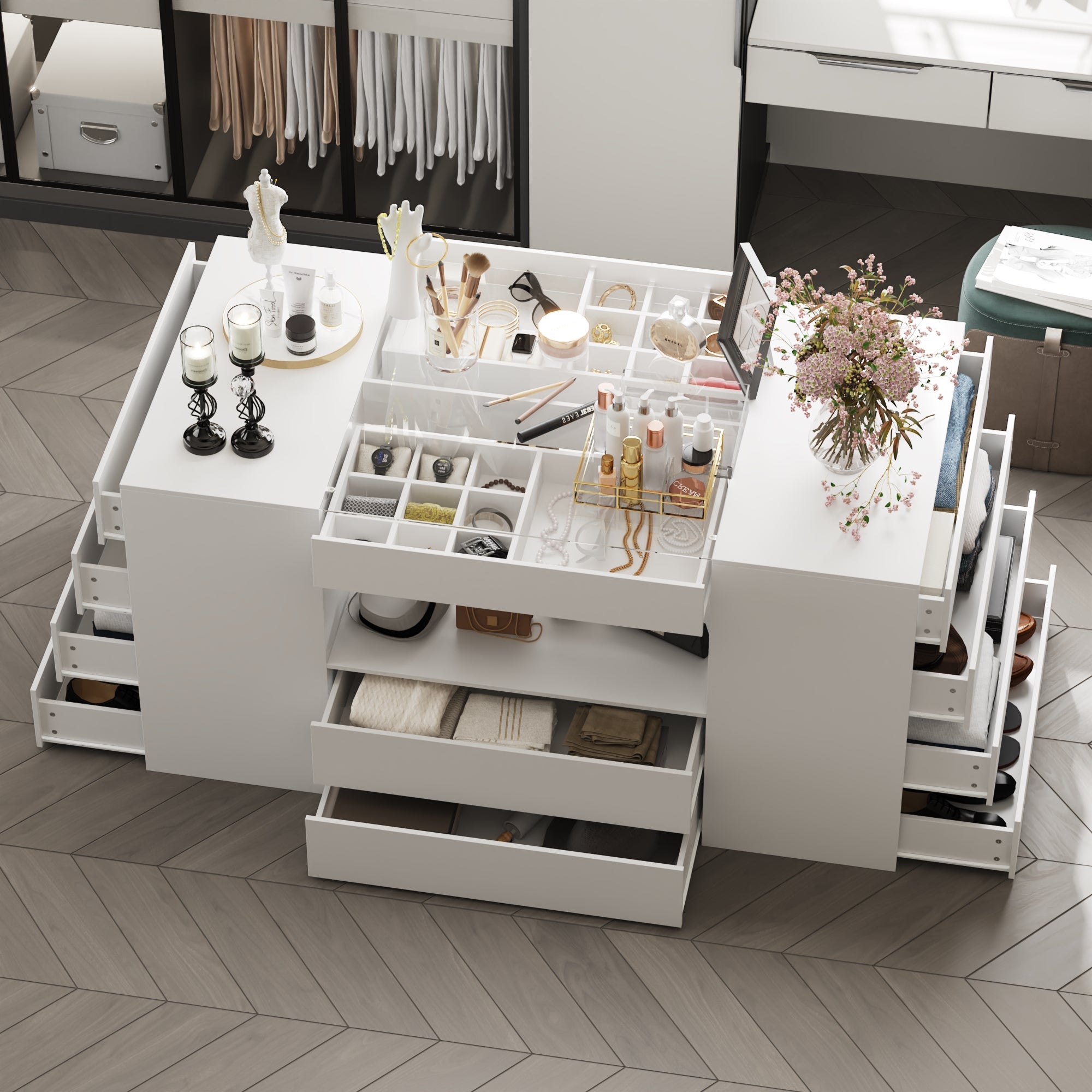 Commode moderne blanche de 157 cm à 14 tiroirs avec plateau en verre trempé