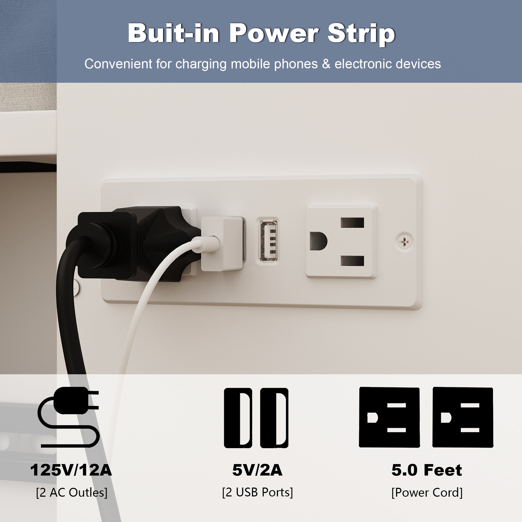 Lit pliant moderne et minimaliste blanc de 140 cm avec prises électriques