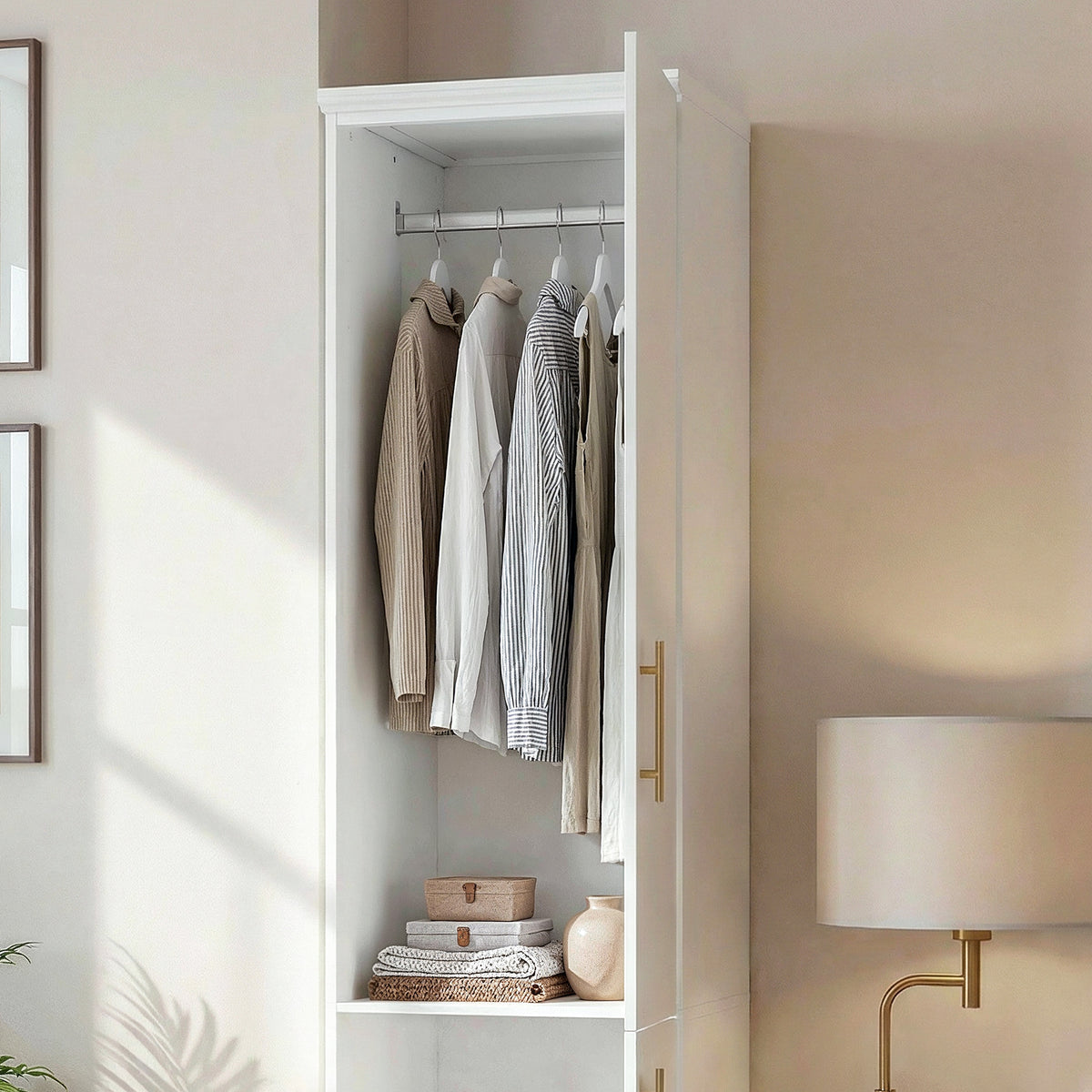 40 cm Modern White Compact Wardrobe with Dual Doors, Golden Handles and Multiple Storage Sections