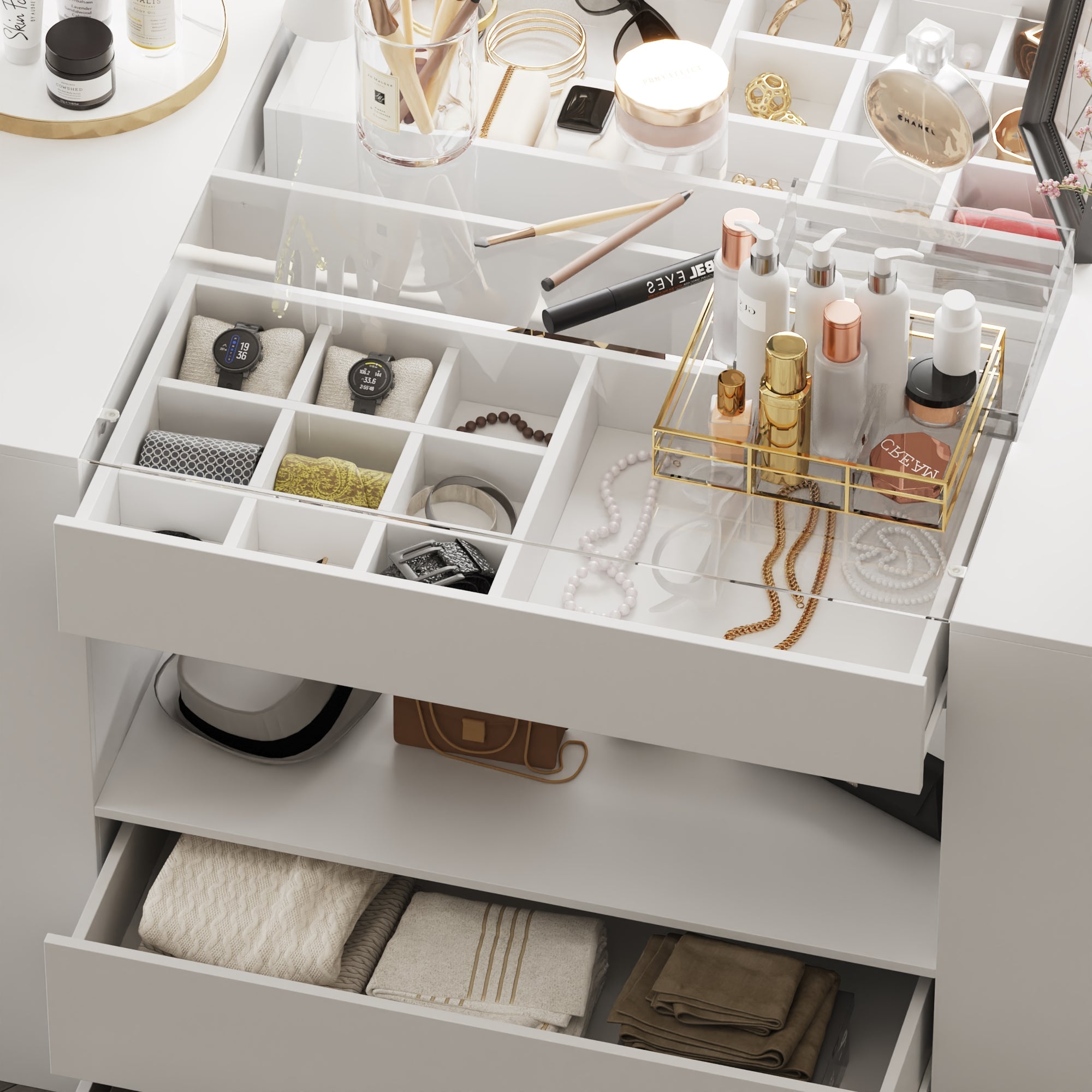 Commode moderne blanche de 157 cm à 14 tiroirs avec plateau en verre trempé