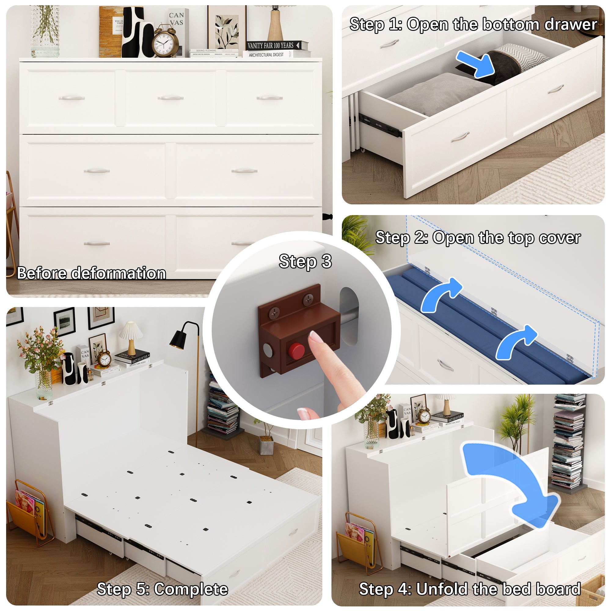 Lit pliant moderne et minimaliste blanc de 140 cm avec prises électriques