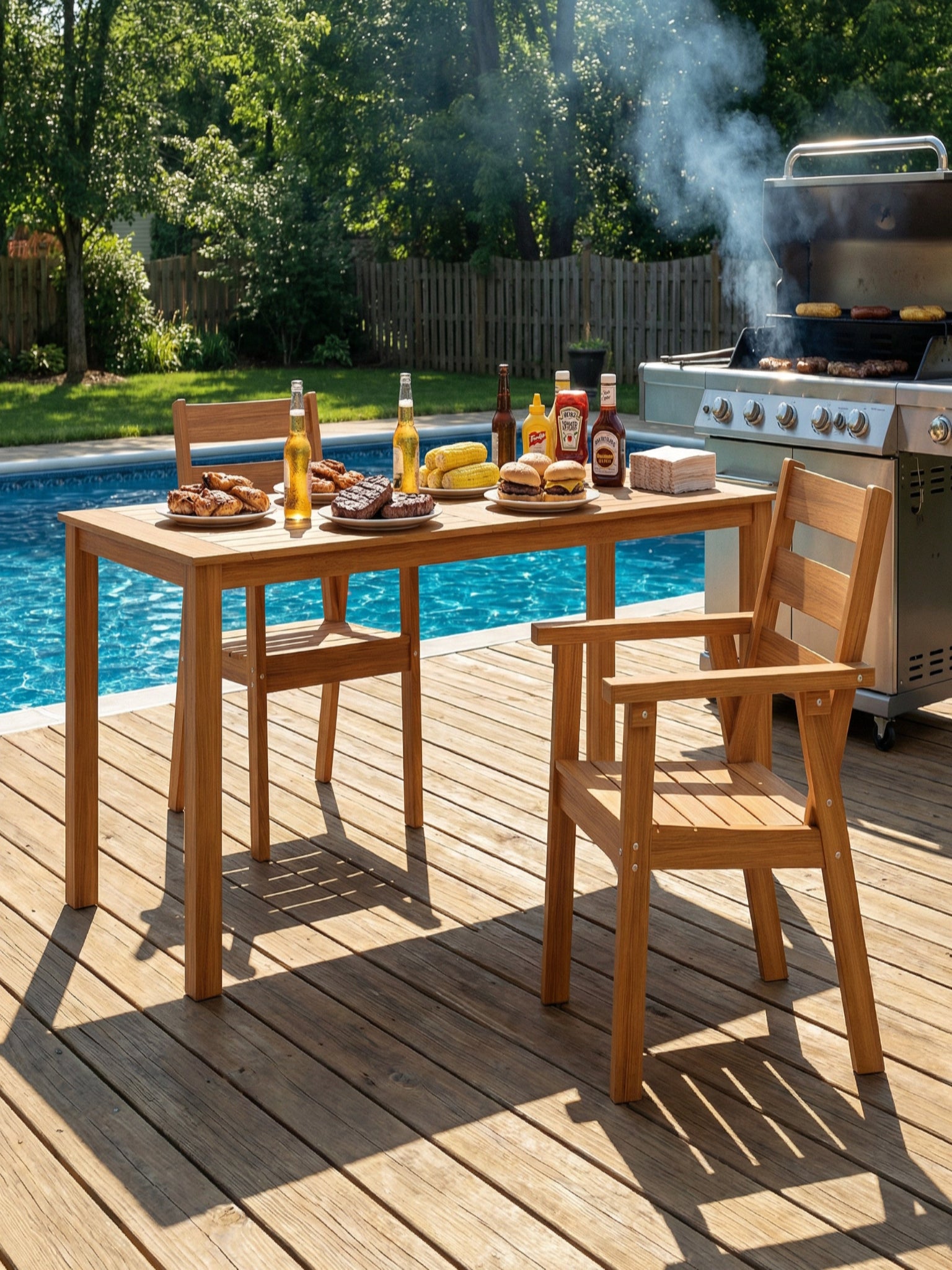 Wood outdoor dining set with rectangular table and matching armchairs