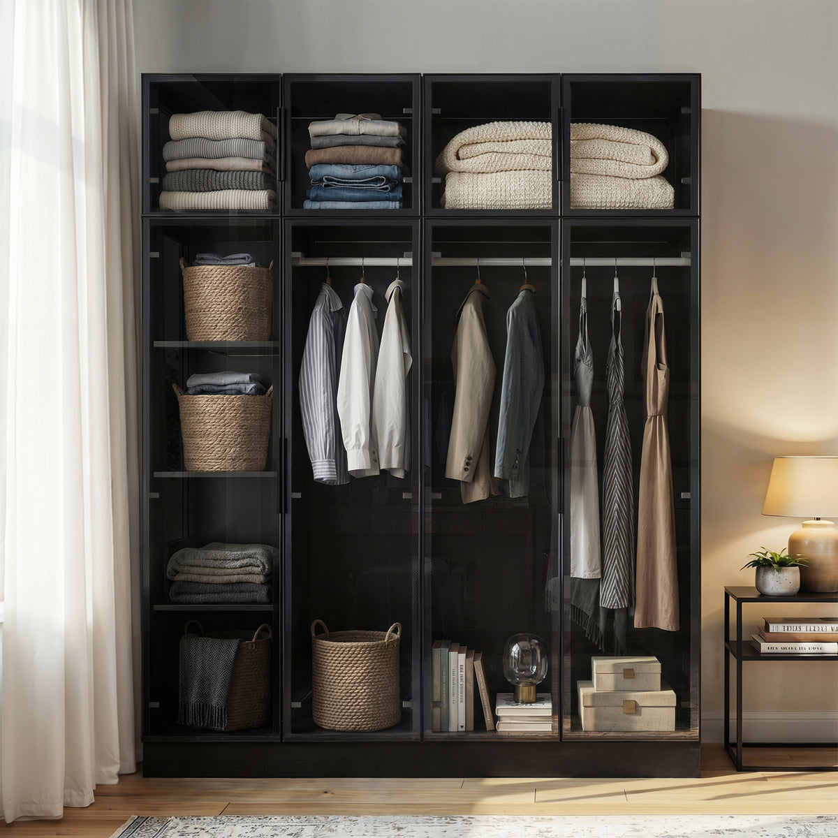 150 cm Modern Black Wardrobe Armoires With LED Lighting and Tempered Glass Doors