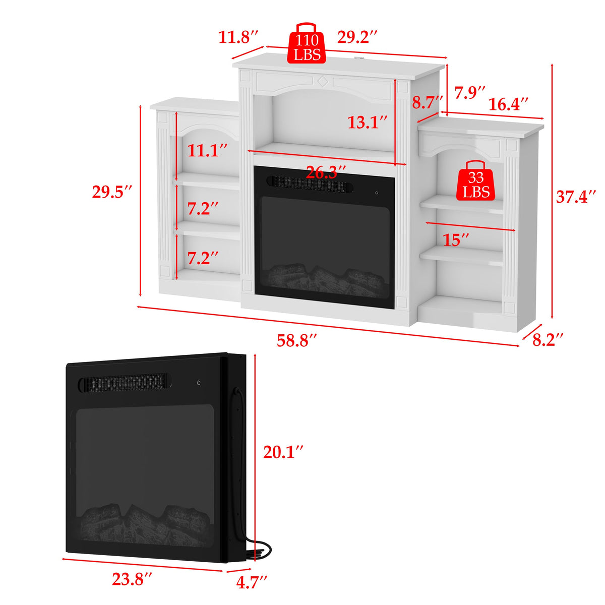 150 cm Modern Classic White TV Stand With Light Electronic Fireplace Open Shelves