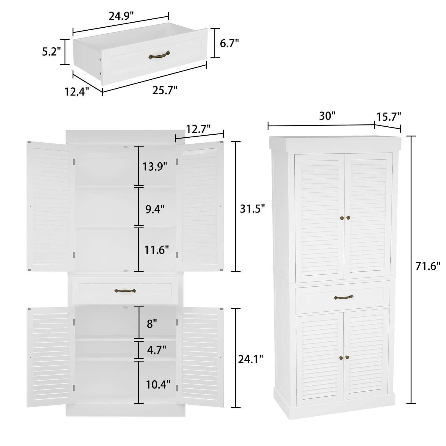 76.2 cm Modern Minimalist White Tall Storage Cabinet with 6-Tier Adjustable Shelves, Drawers and Shutter Door