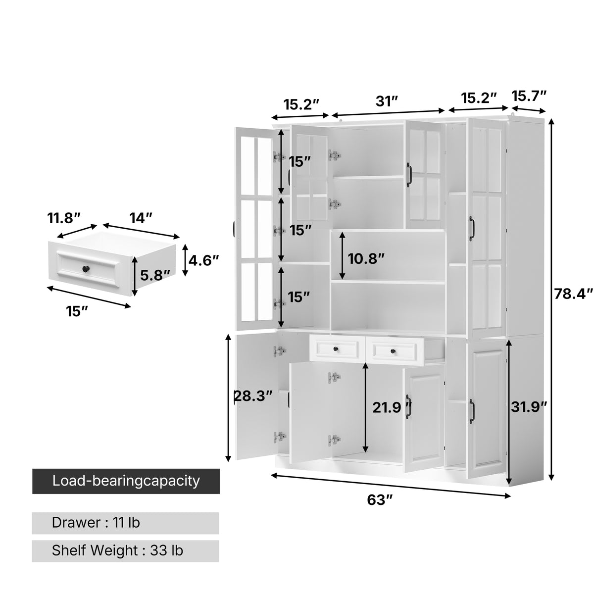 160 cm Modern White 2-Drawer Bookcase with Glass Doors
