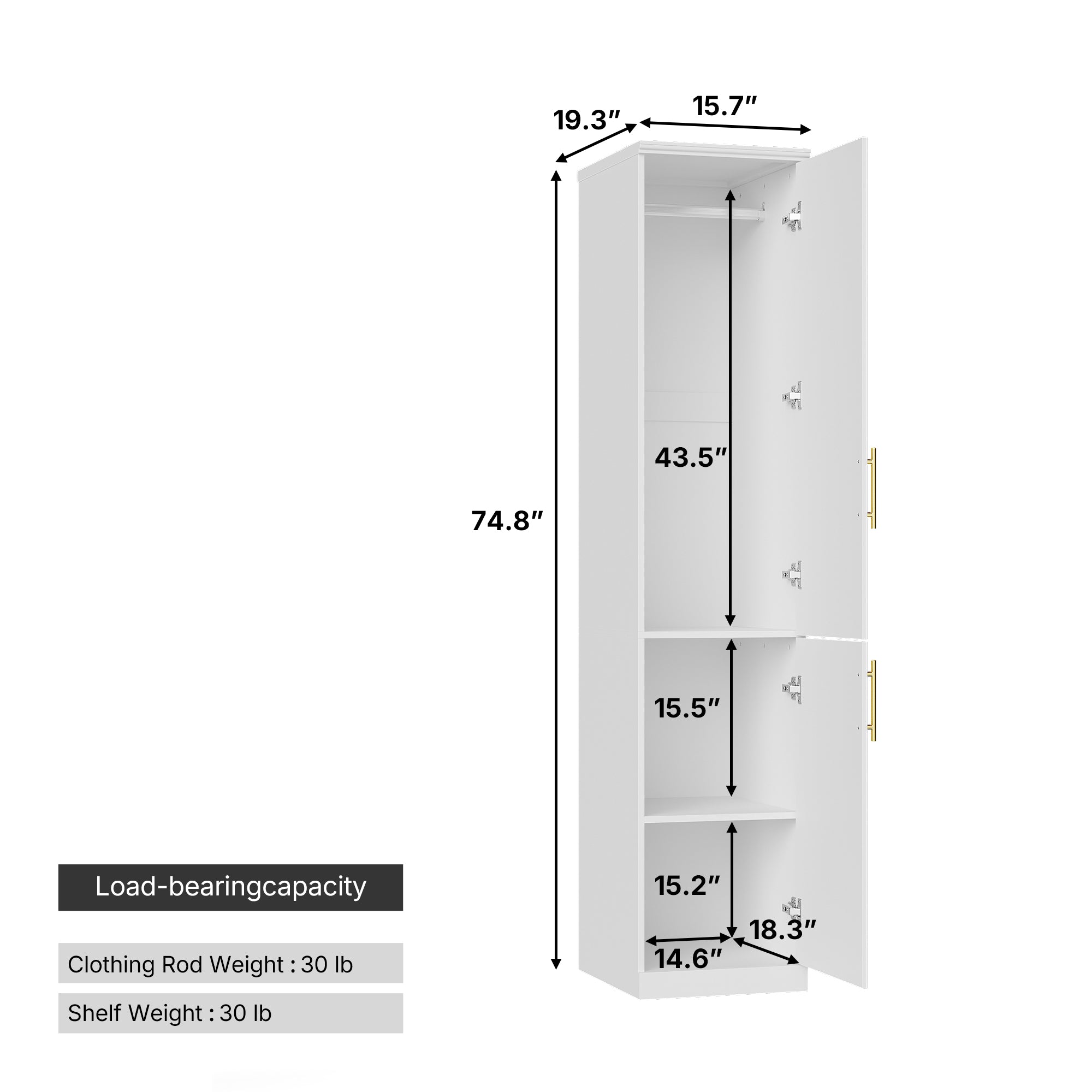 Armoire compacte moderne blanche de 40 cm avec deux portes, poignées dorées et plusieurs compartiments de rangement