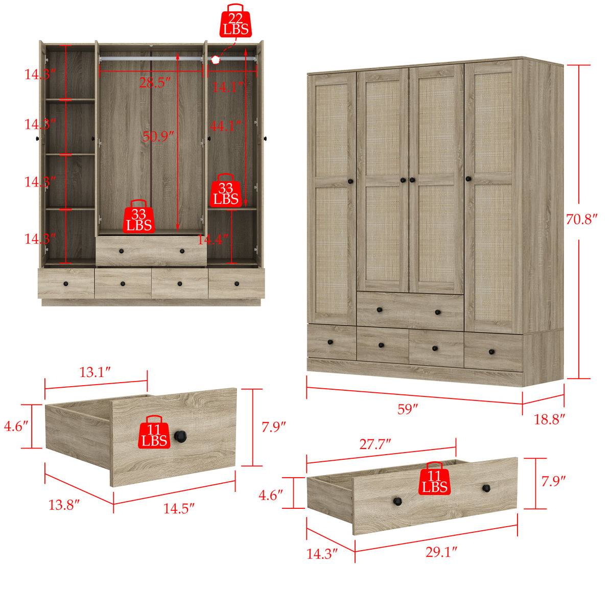 160 cm Rustic 4-Door Wardrobe Armoire with Rattan Paneling, 6 Drawers & 2 Hanging Rods