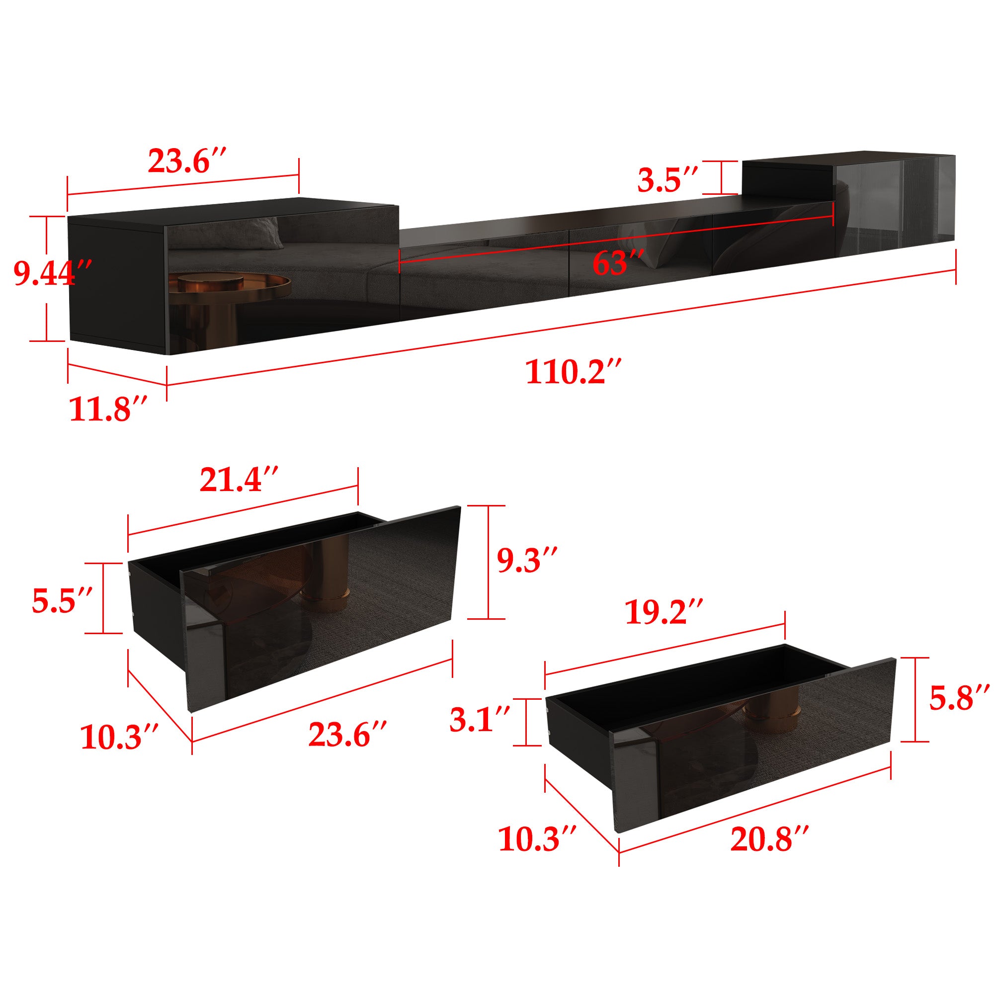 Meuble TV flottant de 280 cm, moderne, minimaliste, noir, haute brillance avec lumière LED