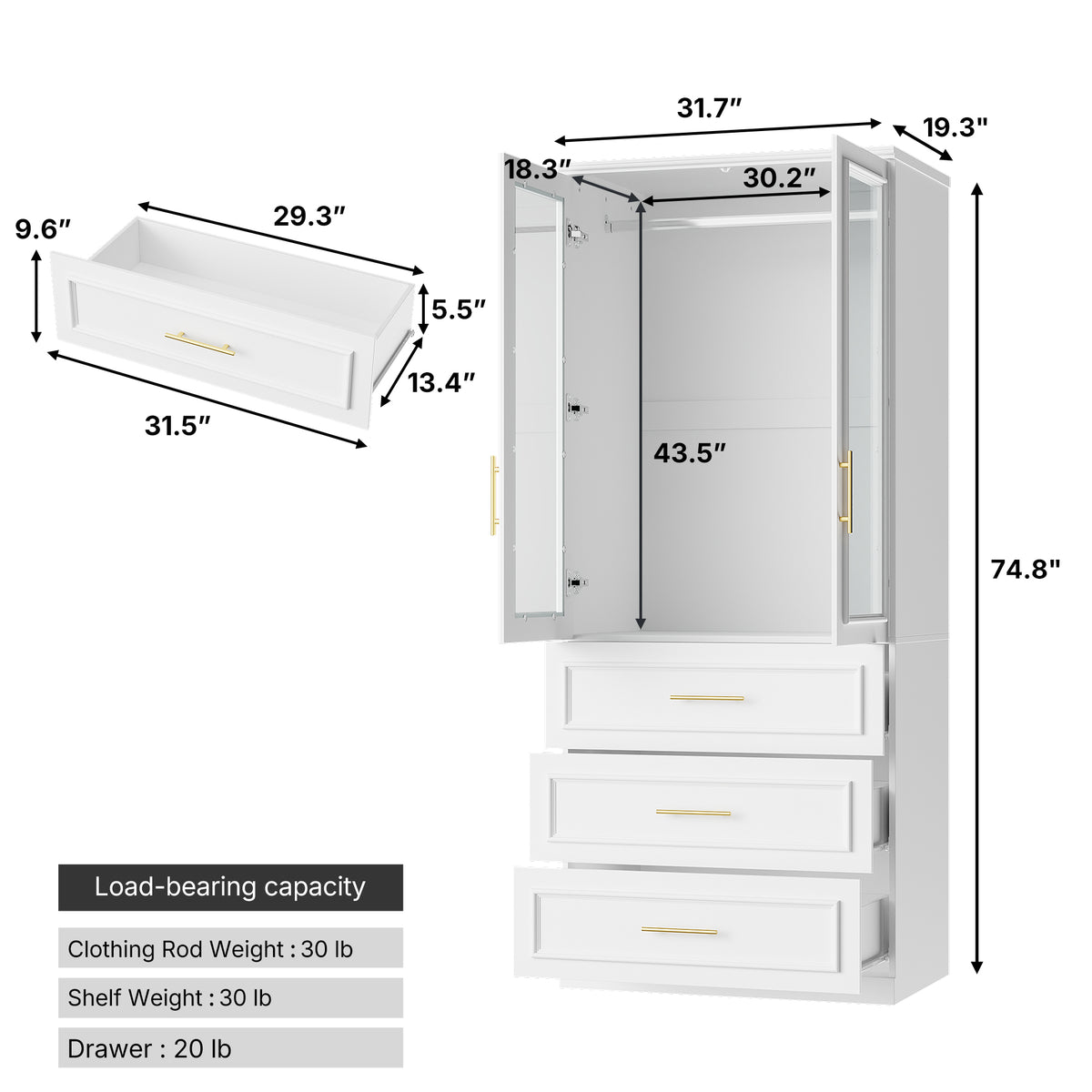 81 cm Modern White Glass Door Armoire with Hanging Rod and 3 Drawers