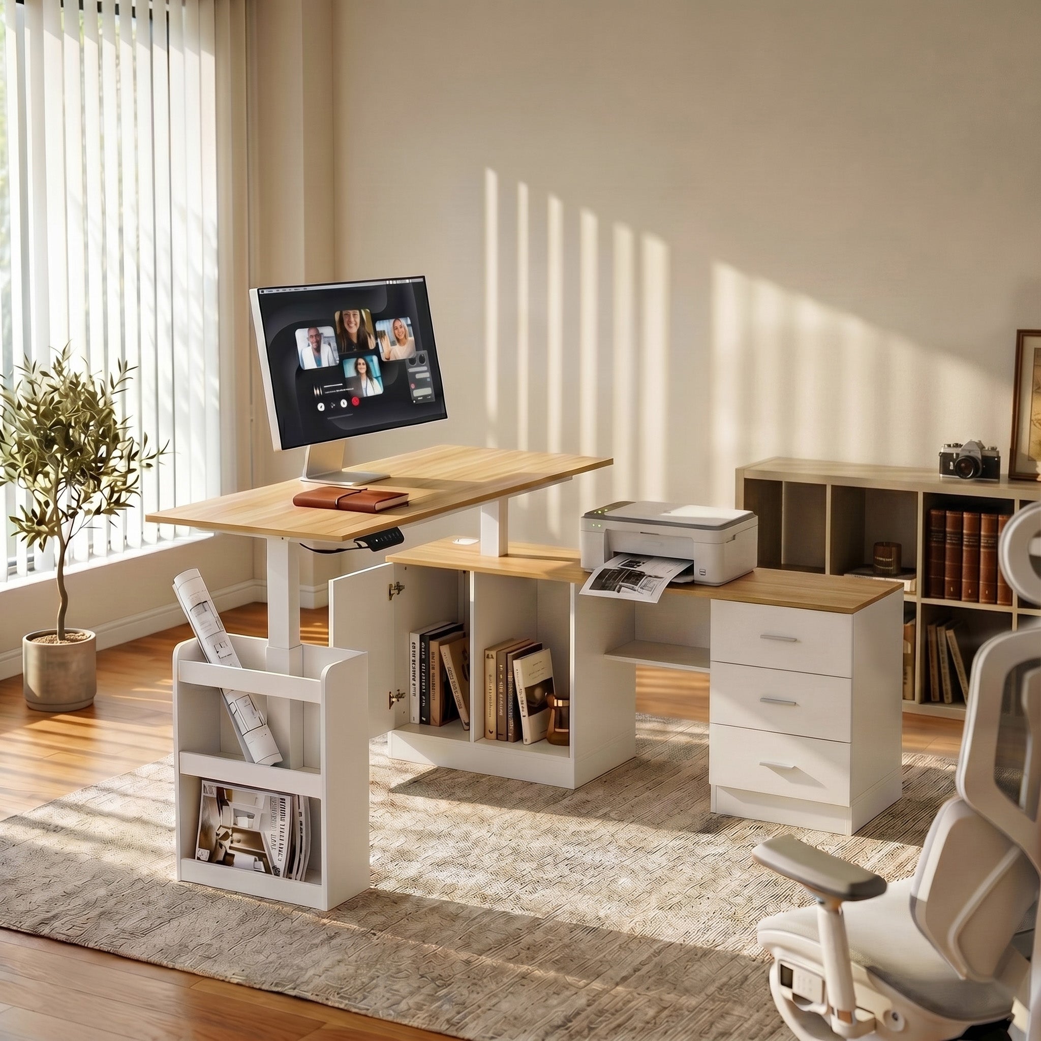 Bureau assis-debout ergonomique de 160 cm en chêne/brun moderne avec contrôleur de mémoire préréglée