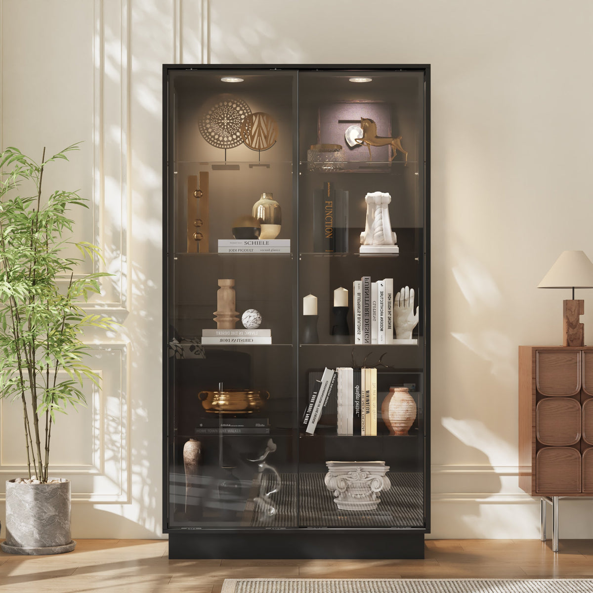 Modern black curio cabinet with sliding glass doors, glass shelves and LED lighting