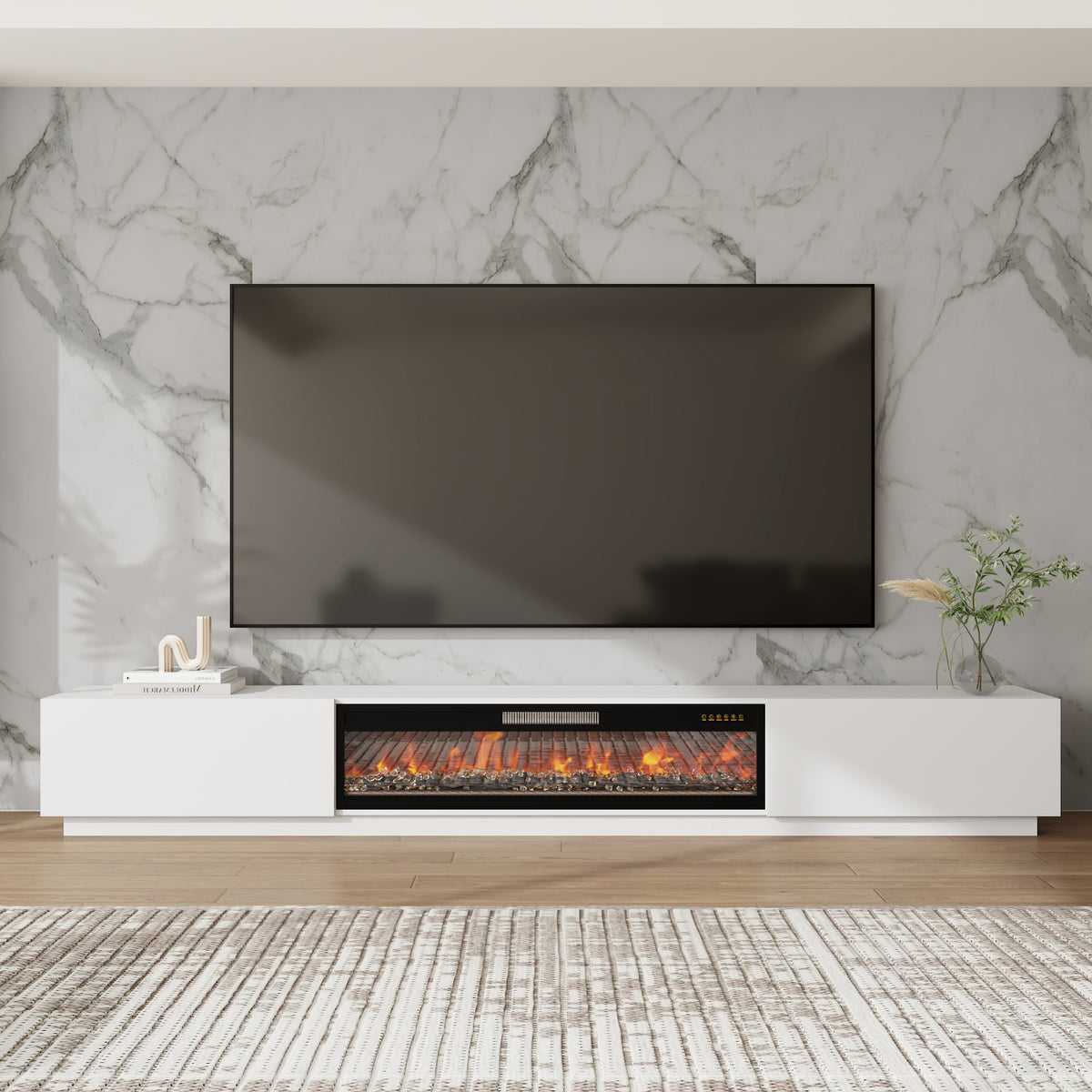 109-inch white and black TV stand with 23-inch electric fireplace insert